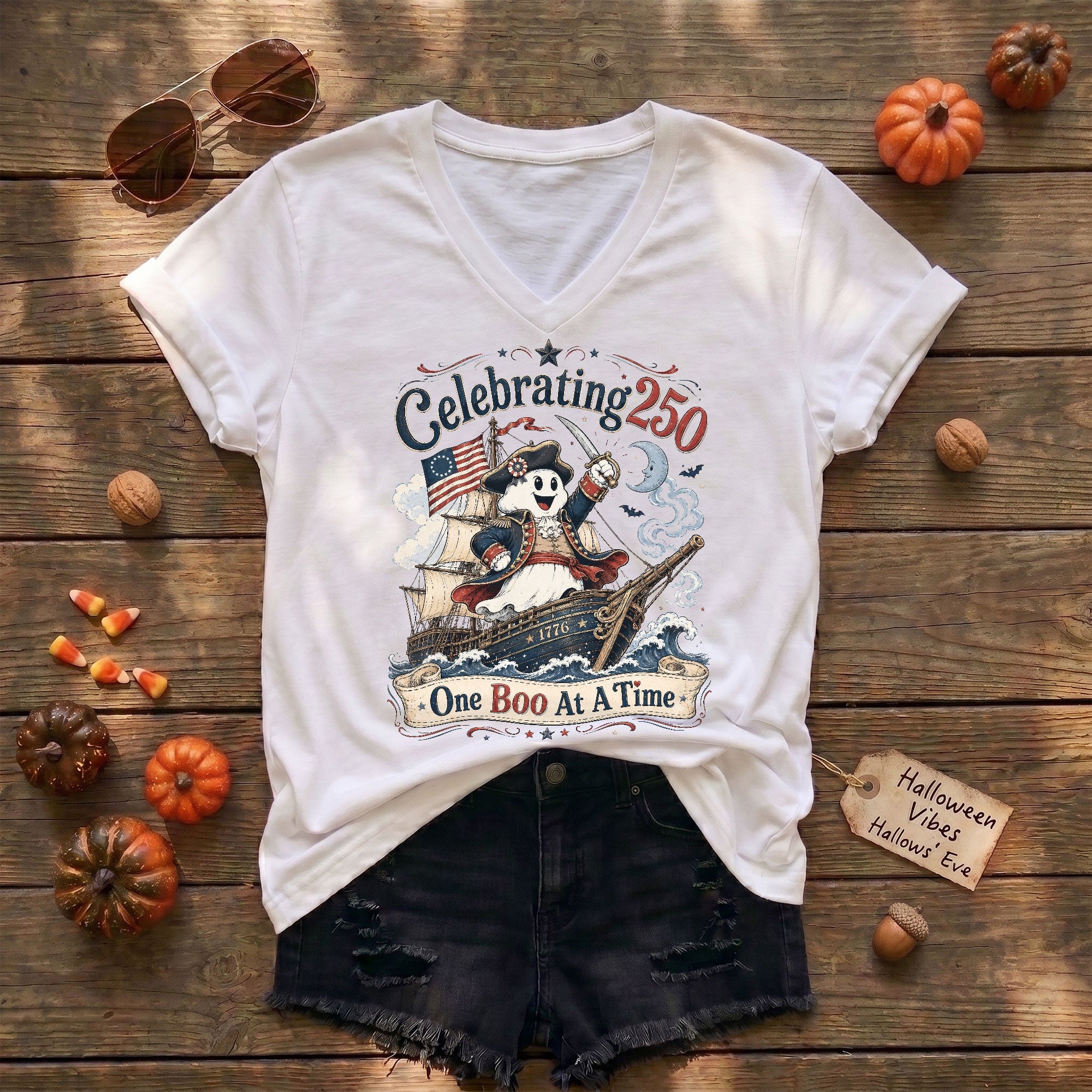 One Boo At A Time Halloween V-Neck Shirt Women Cute Patriotic Pirate Ghost Ship Tee