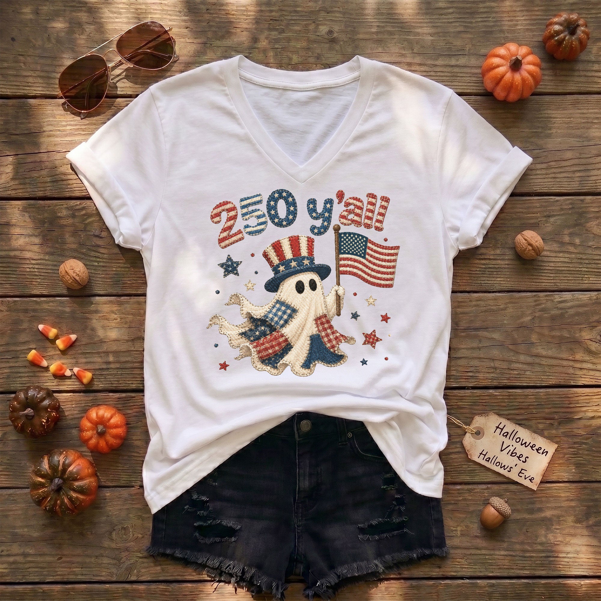 Patriotic Ghost Halloween V-Neck Shirt Women Cute Southern Y'all Uncle Sam Hat Tee