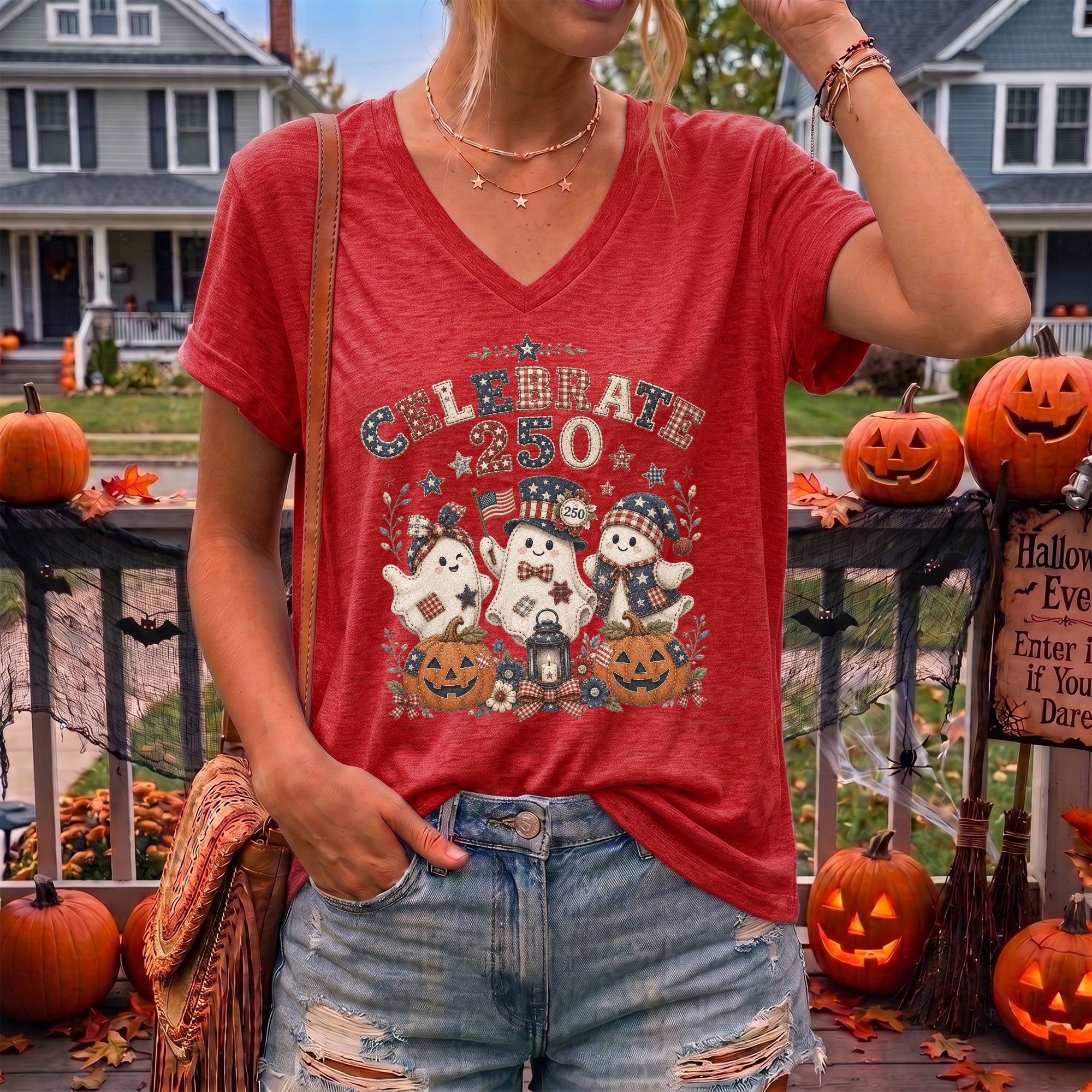 Patriotic Ghost Halloween V-Neck Shirt Women Cute Spooky Celebrate Party Graphic Tee