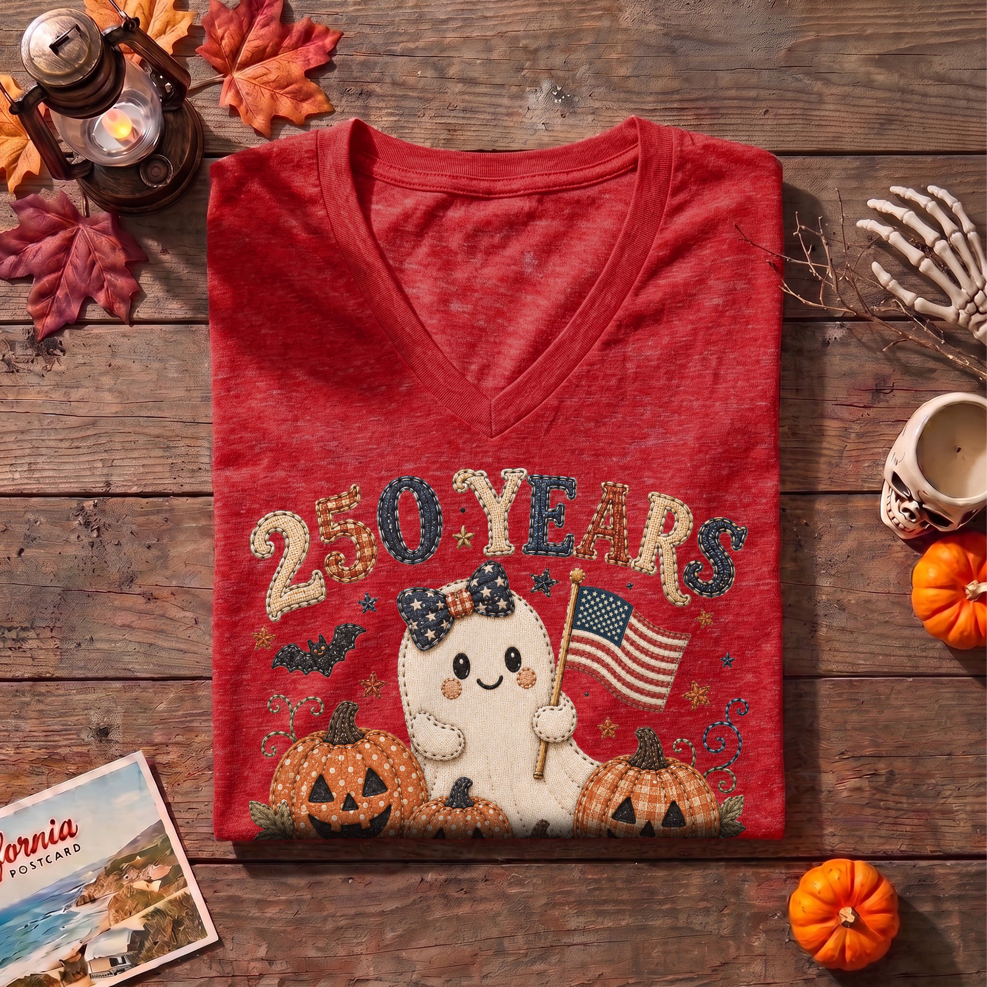 Cute Patriotic Ghost Halloween V-Neck Shirt Women Spooky Pumpkin Flag Graphic Tee