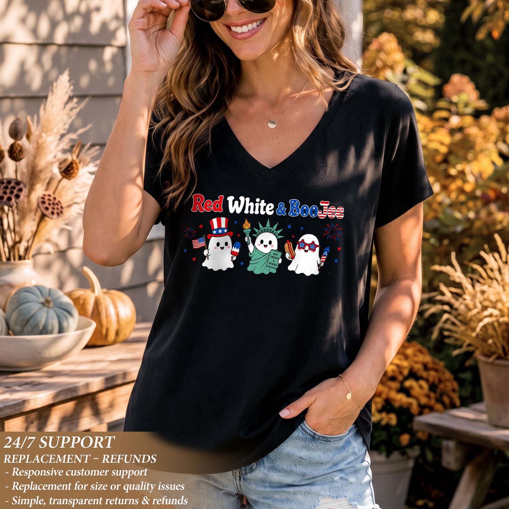 Red White And BooJee V Neck Shirt Cute Patriotic Ghost Women Graphic Tee