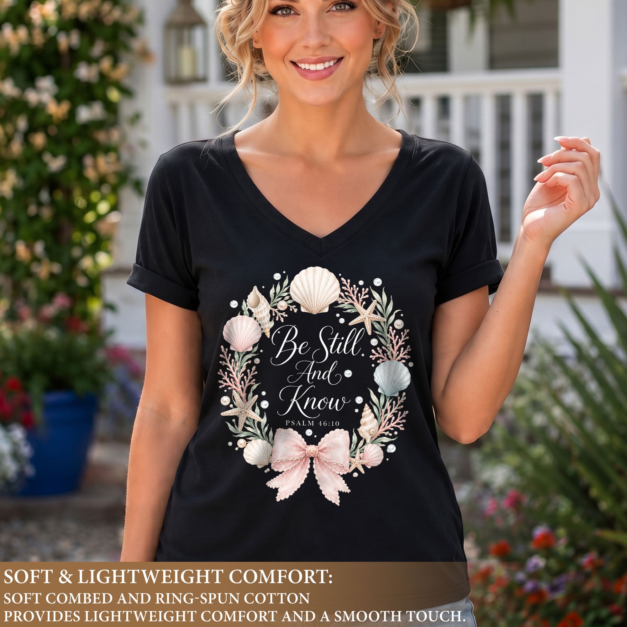 Be Still And Know Seashell Floral Wreath Psalm 46 10 Christian V Neck Shirt Women