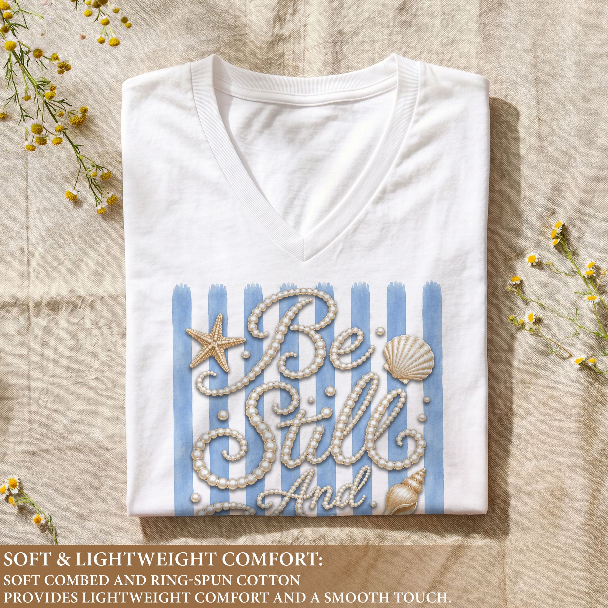 Be Still And Know Pearl Stripes Seashells Psalm 46 10 Christian V Neck Shirt Women