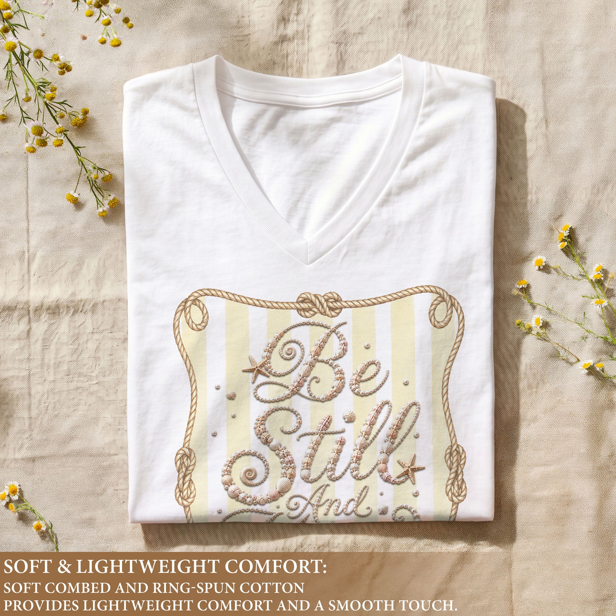 Be Still And Know Seashell Rope Stripes Psalm 46 10 Christian V Neck Shirt Women
