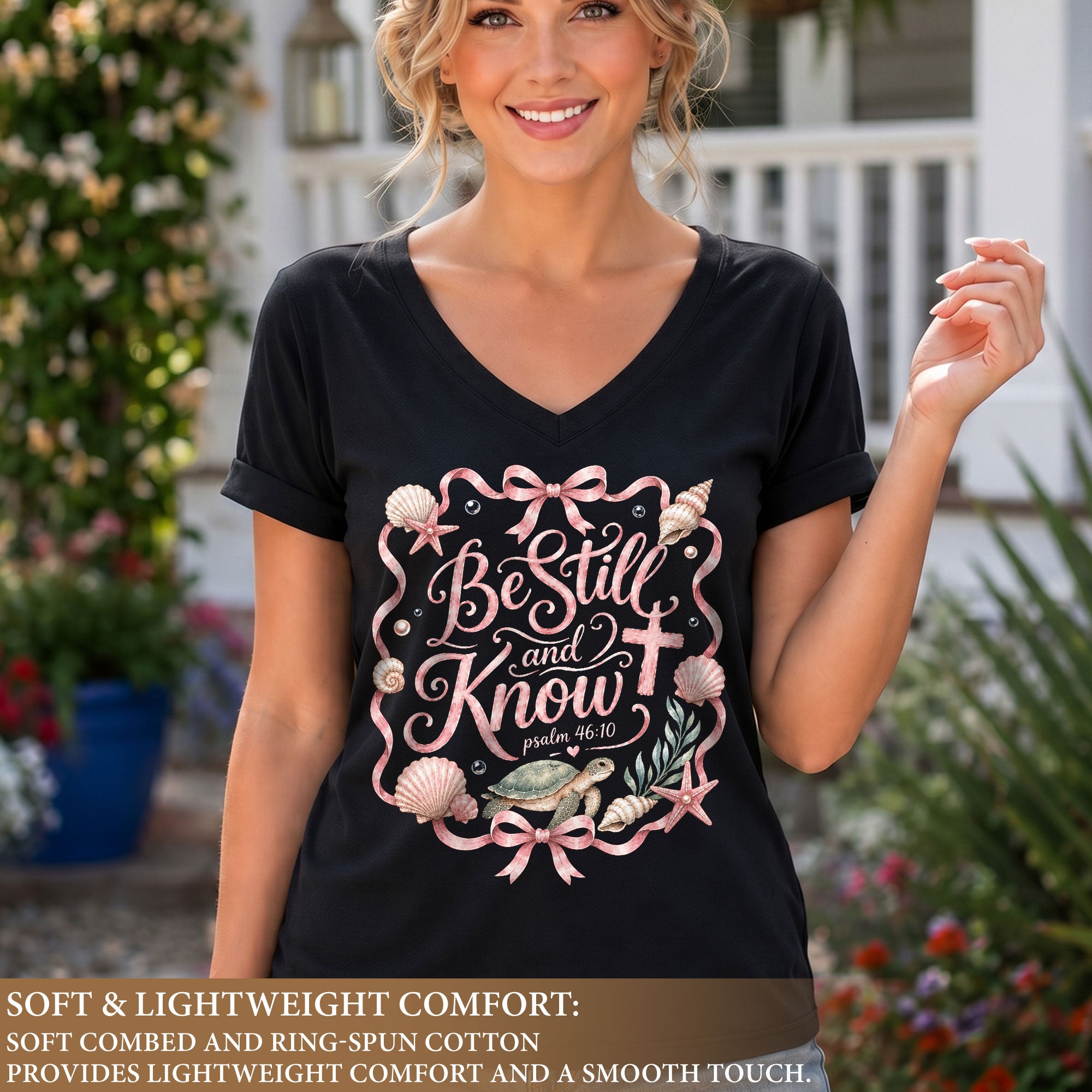 Be Still And Know Sea Turtle Ribbon Cross Psalm 46 10 Christian V Neck Shirt Women