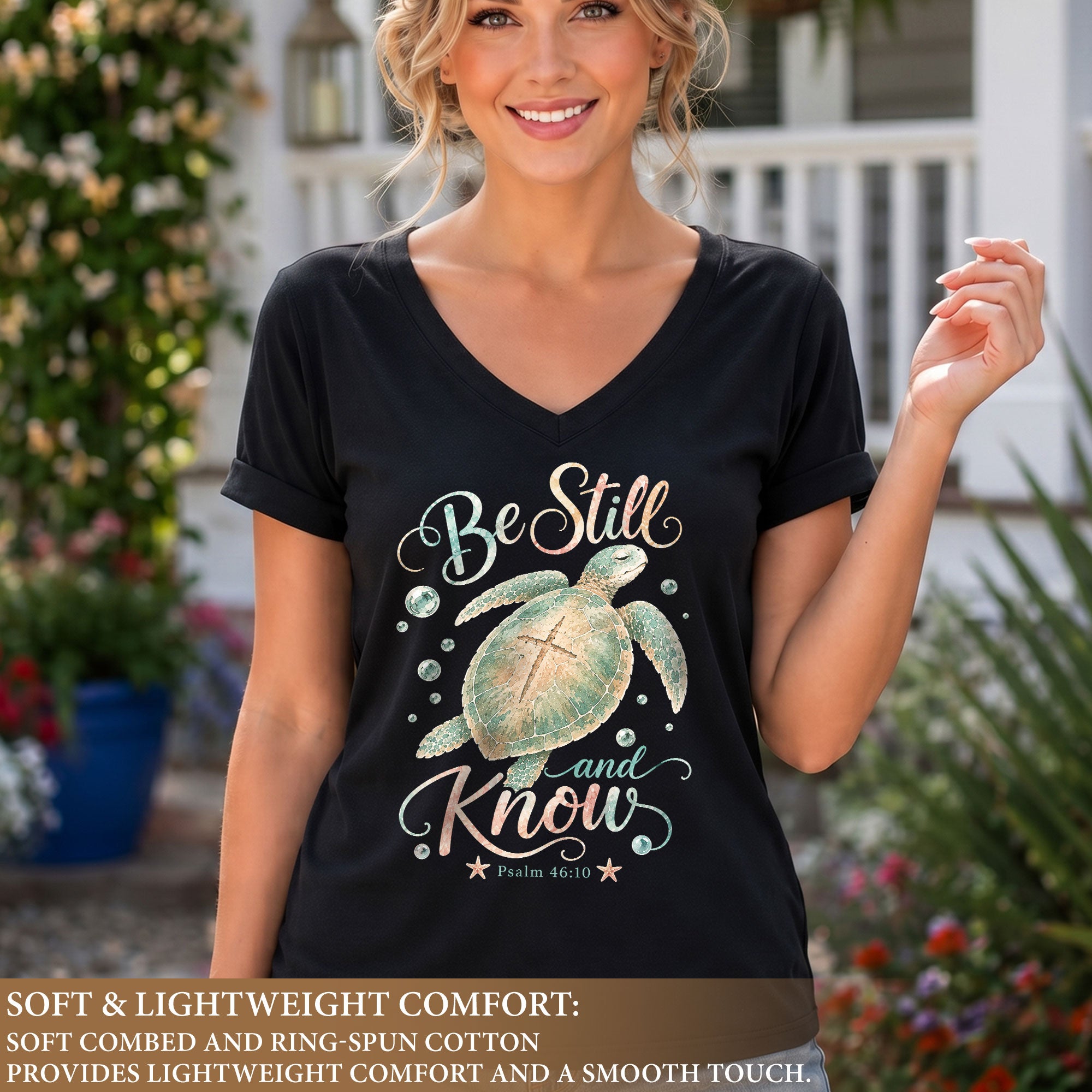 Be Still And Know Sea Turtle Cross Shell Psalm 46 10 Christian V Neck Shirt Women