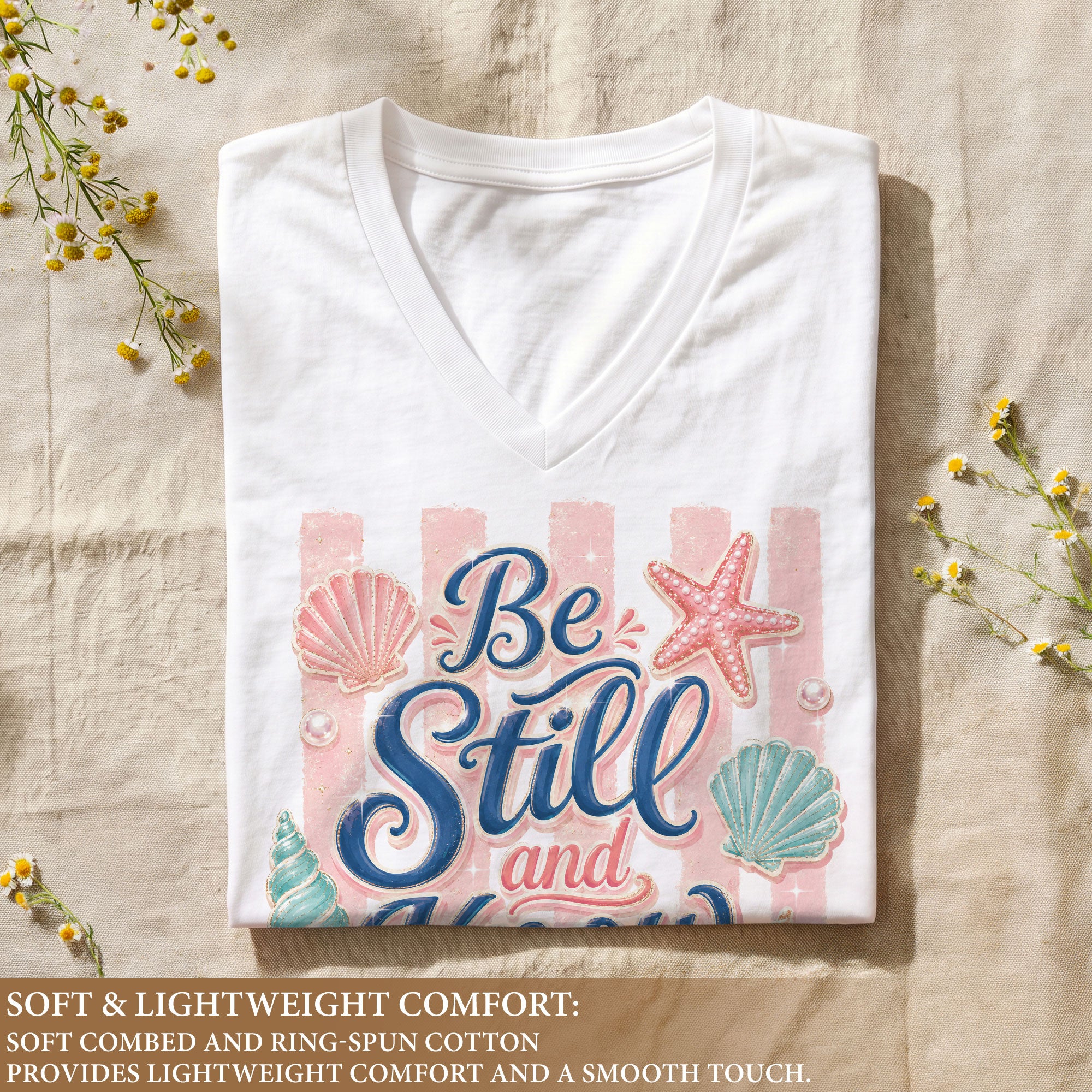 Be Still And Know Pink Stripes Seashells Psalm 46 10 Christian V Neck Shirt Women