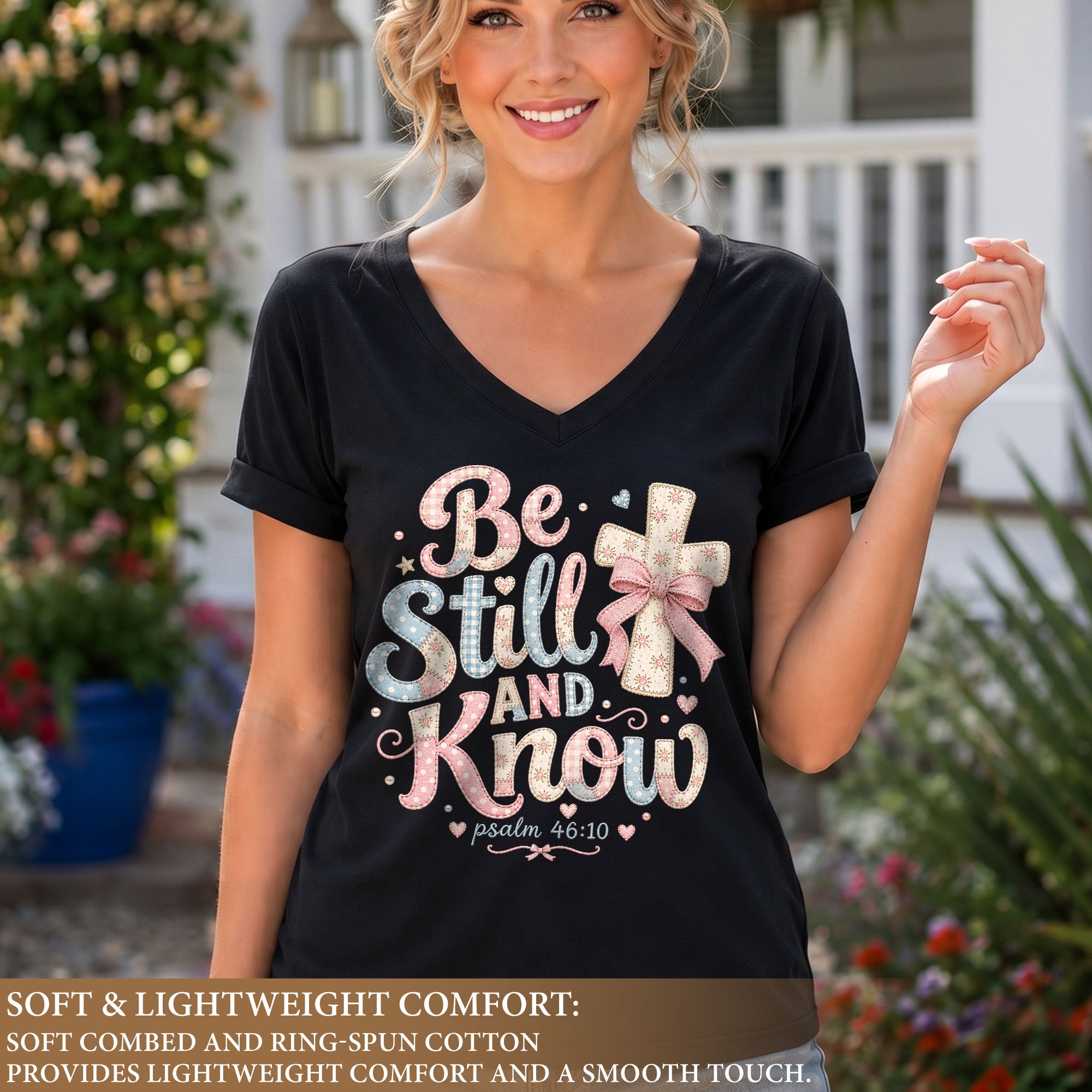 Be Still And Know Pastel Patchwork Cross Psalm 46 10 Christian V Neck Shirt Women