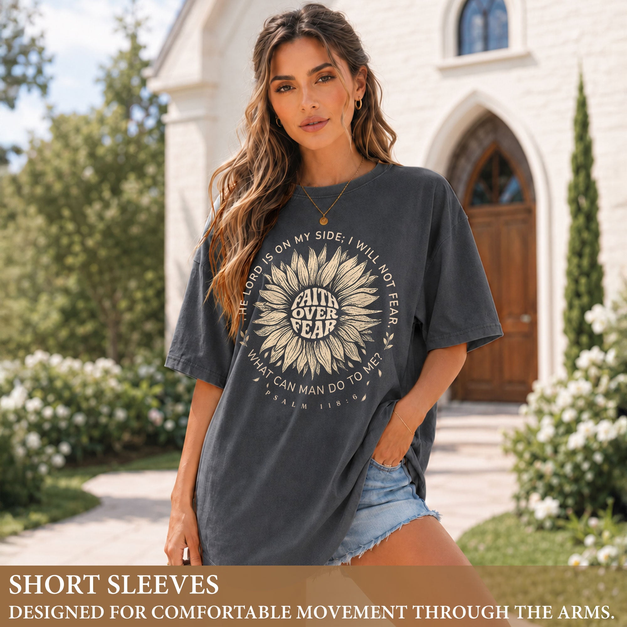 Faith Over Fear Sunflower Christian Women Shirt Inspirational Psalm Scripture Graphic Tee