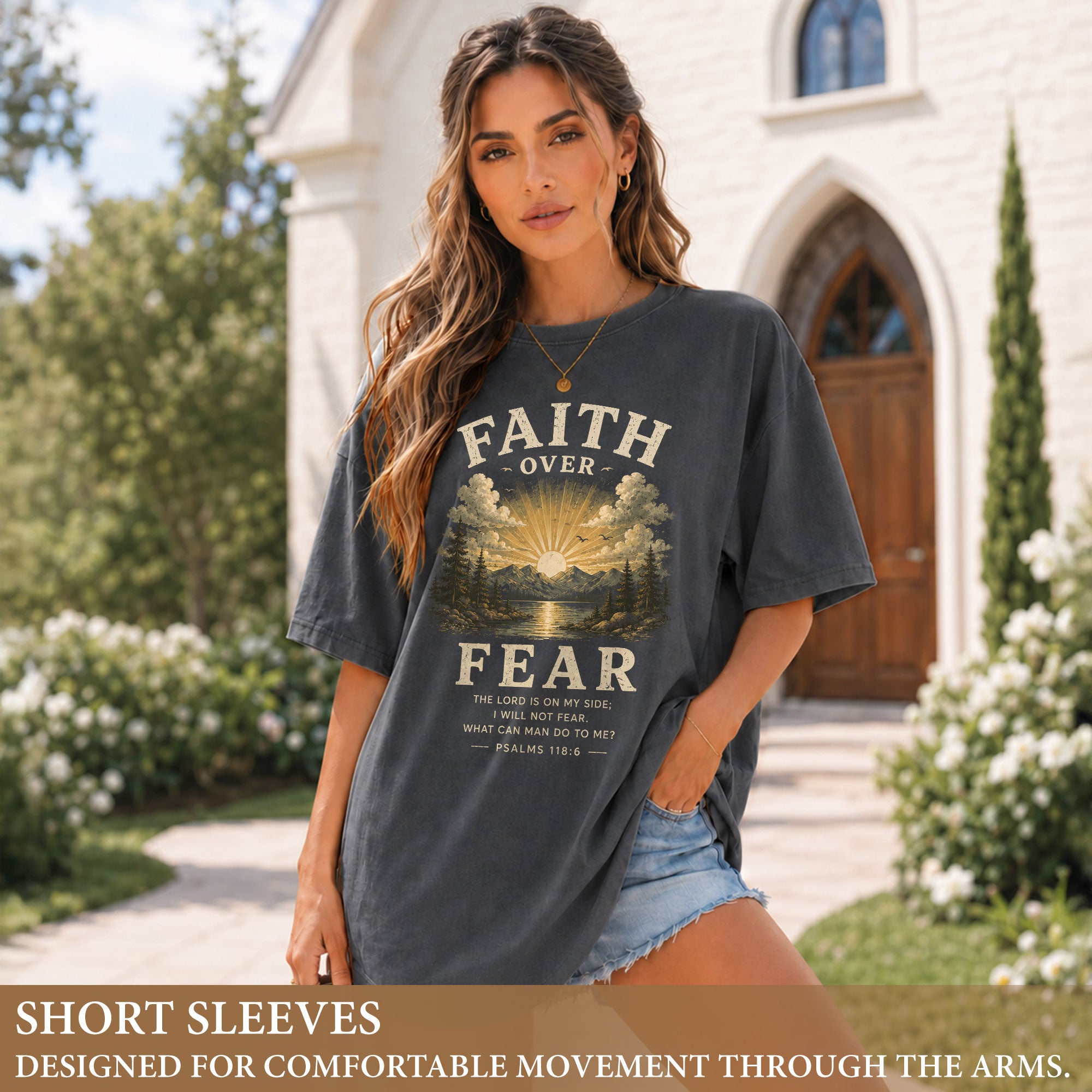 Faith Over Fear Christian Women Shirt Vintage Mountain Sunset Bible Verse T-Shirt