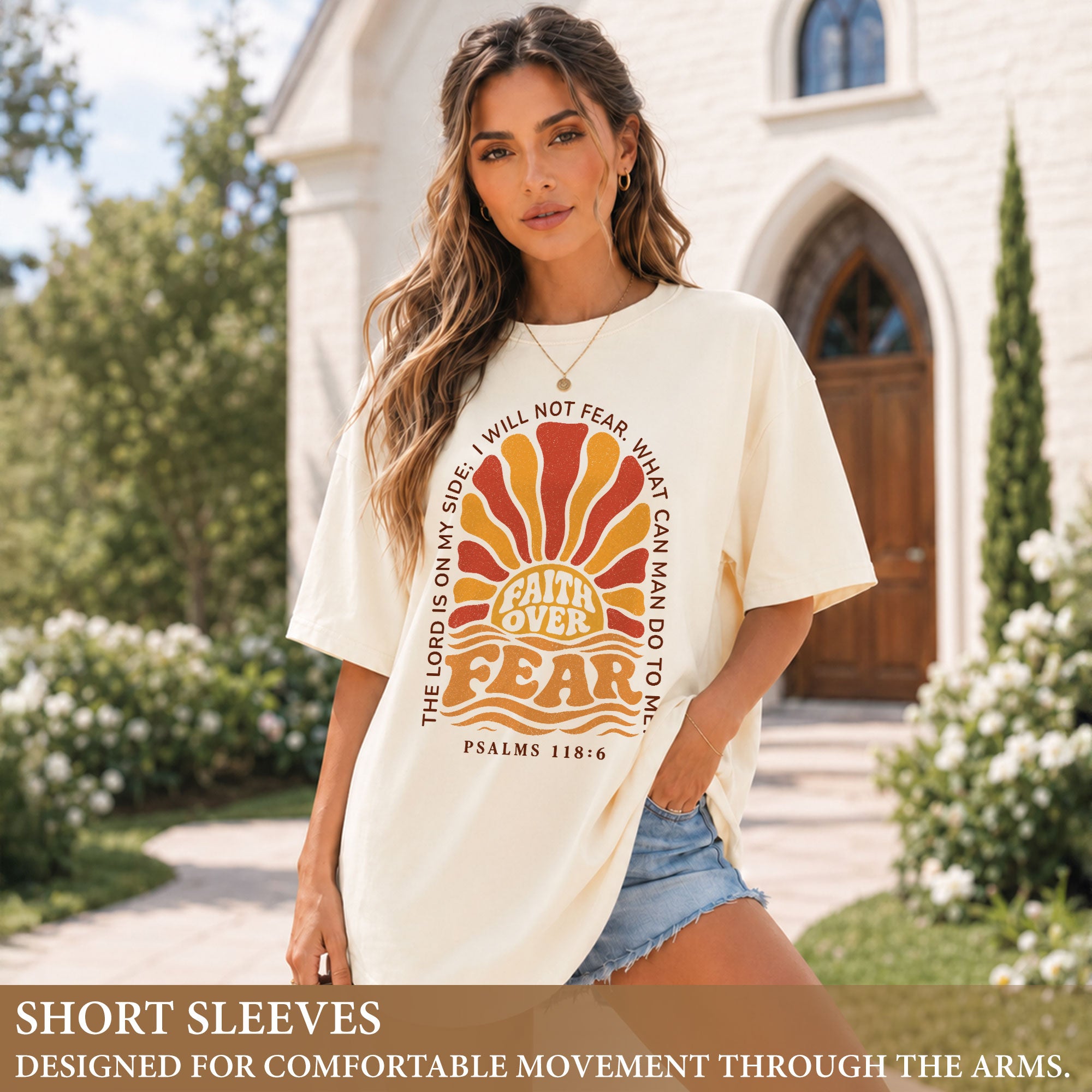 Faith Over Fear Christian Shirt Retro Sunburst Bible Verse Women T-Shirt Tee Gift - Rust Field Wear