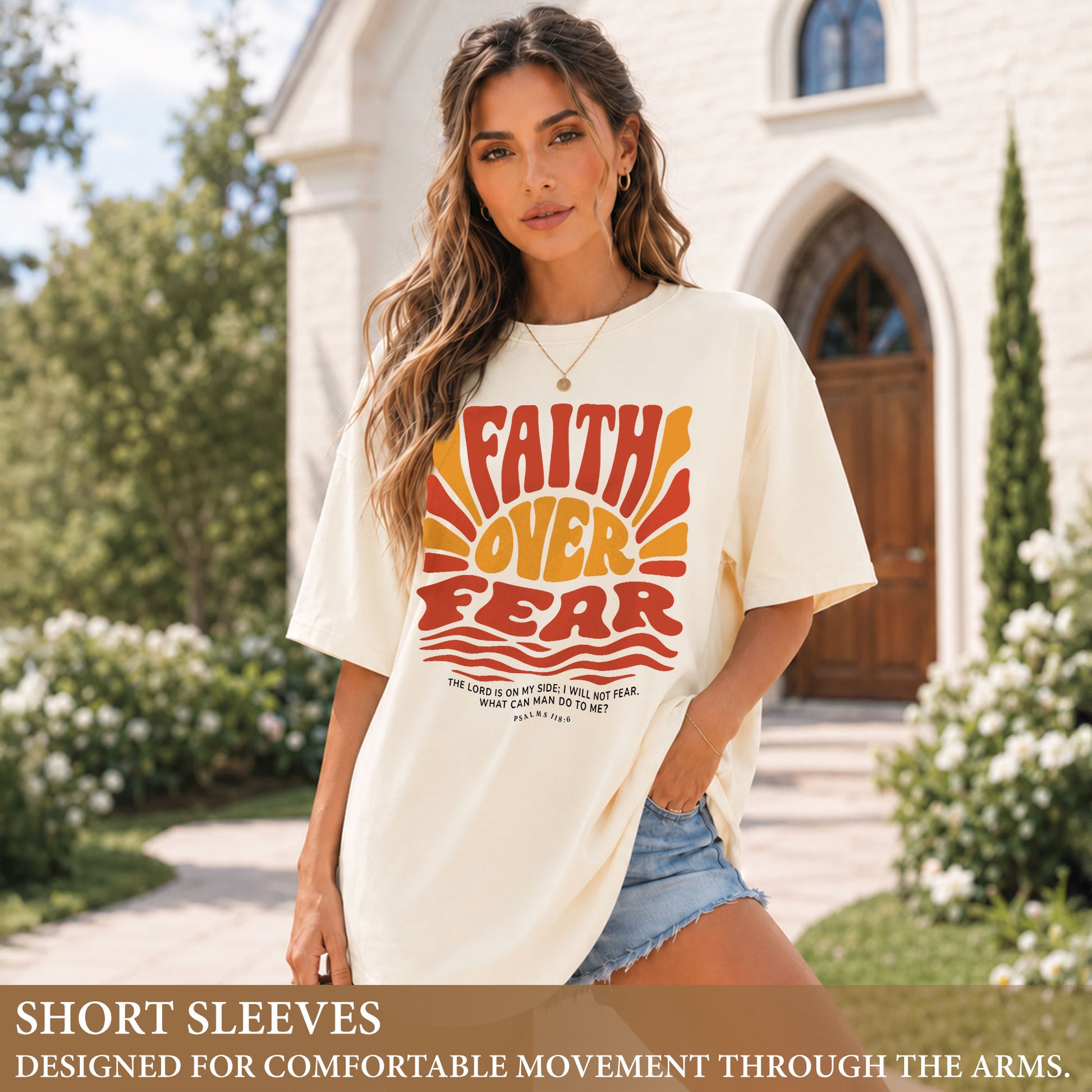 Faith Over Fear Christian Women Shirt Retro Wavy Font Graphic T-Shirt Psalms 118:6 - Rust Field Wear
