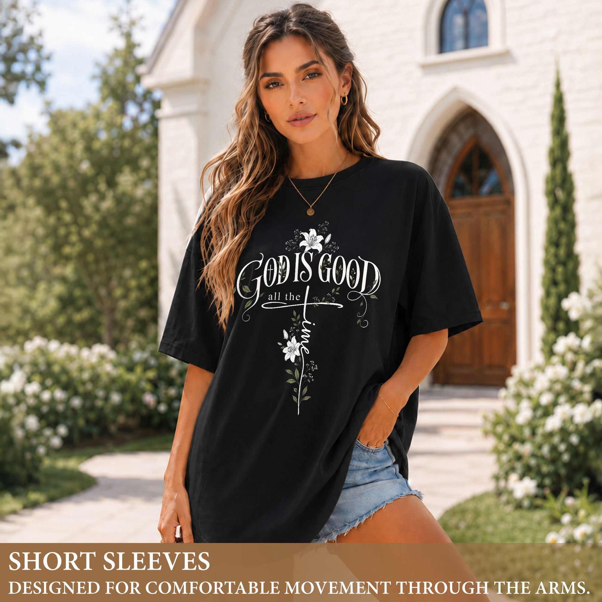 God Is Good All The Time Cross Floral Christian Graphic Casual Crewneck Tee Women