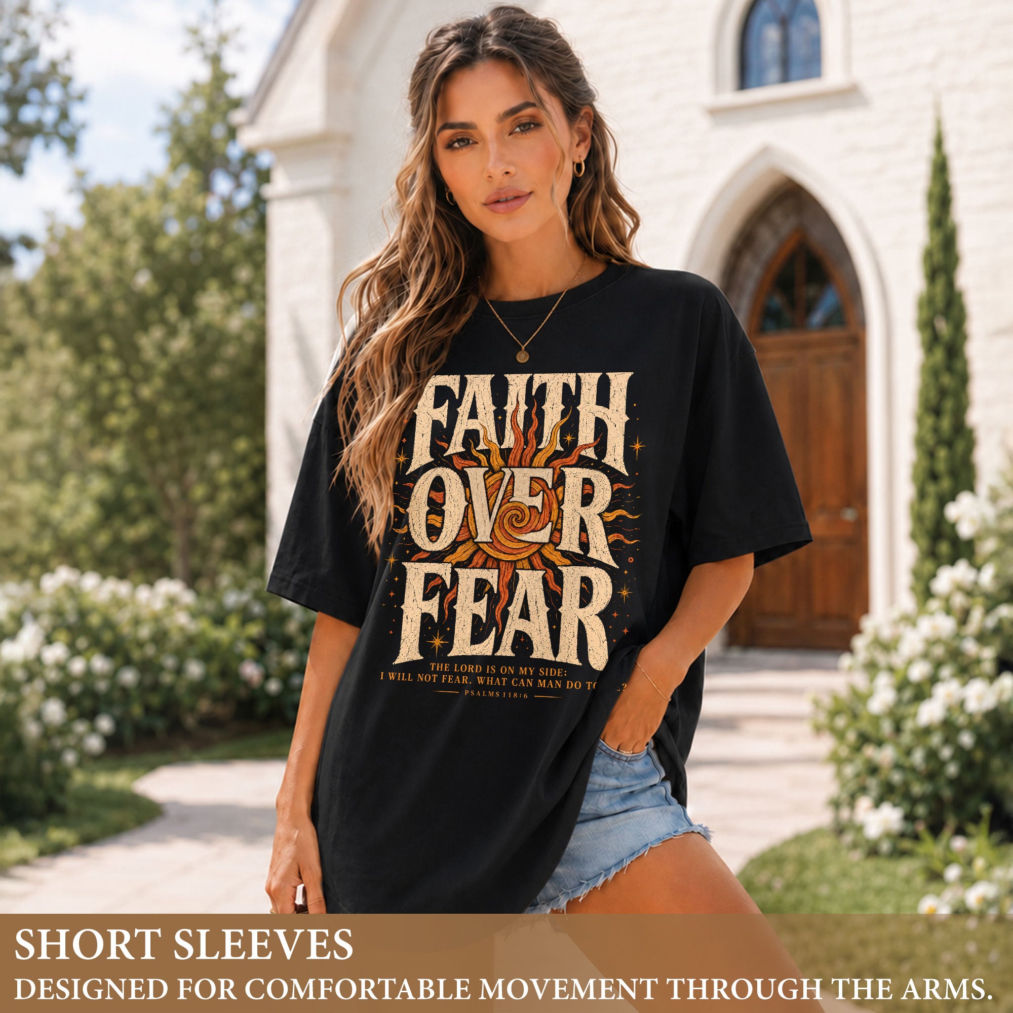Faith Over Fear T Shirt Christian Women Big Bold Sun Psalm 118 6 Religious Tee Top