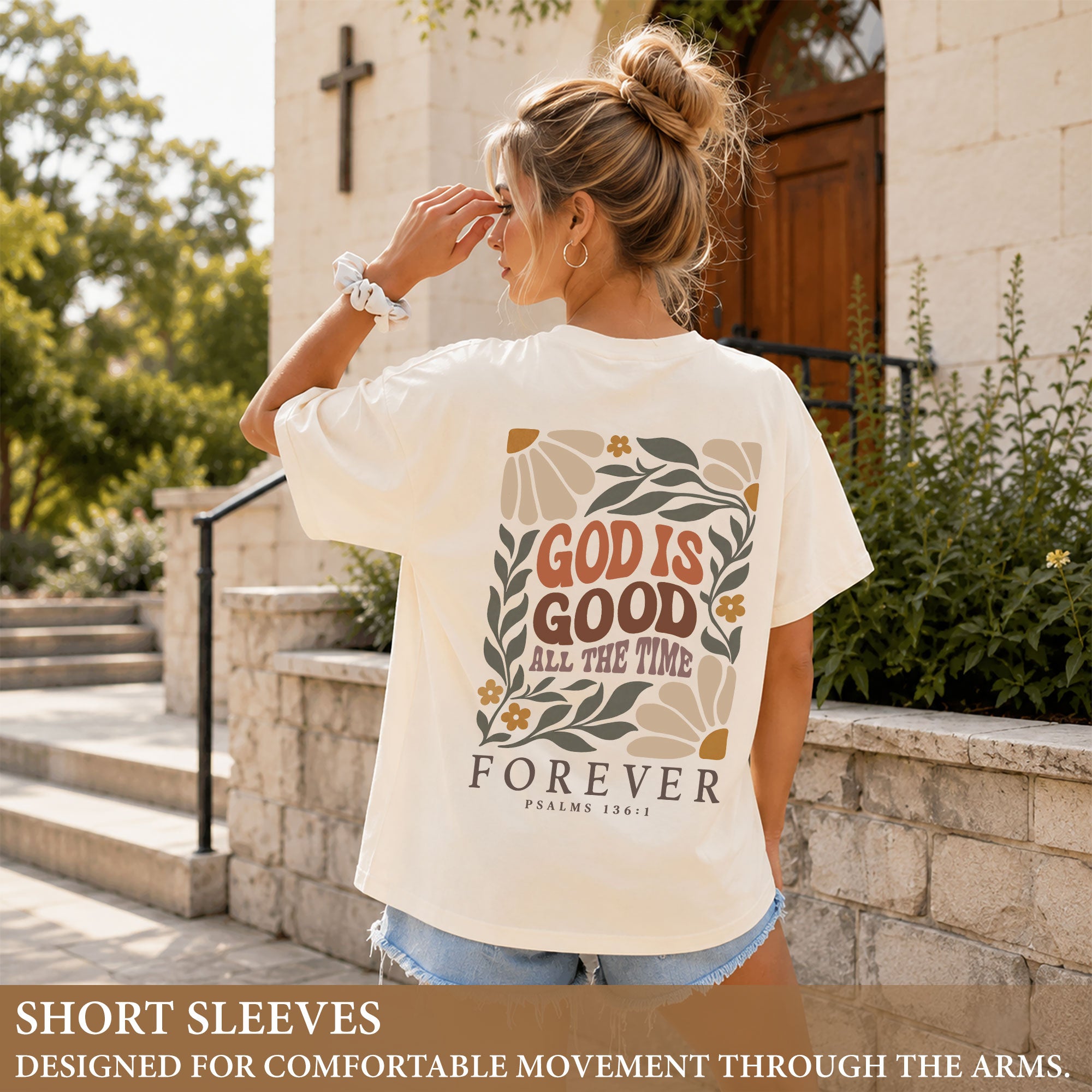 God Is Good All The Time Retro Floral Psalms 136 1 Christian T Shirt Apparel Women - Rust Field Wear