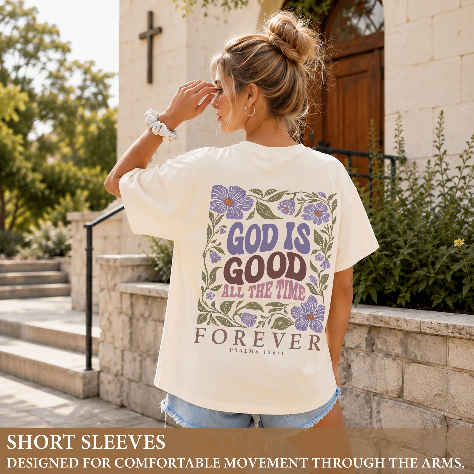 God Is Good All The Time Purple Floral Psalms 136 1 Christian T Shirt Apparel Women - Rust Field Wear