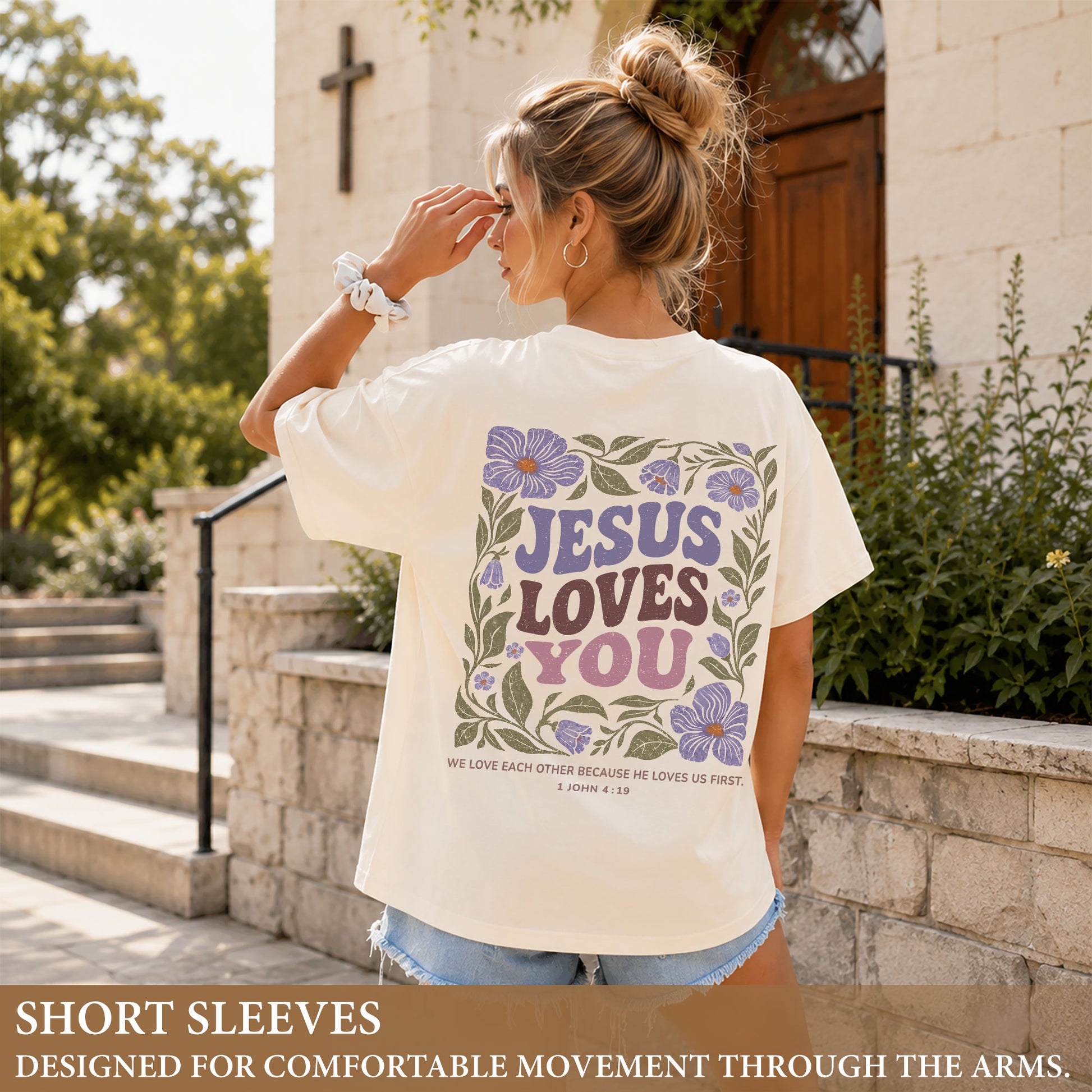 Jesus Loves You Retro Purple Floral 1 John 4 19 Christian T Shirt Apparel Women Top - Rust Field Wear
