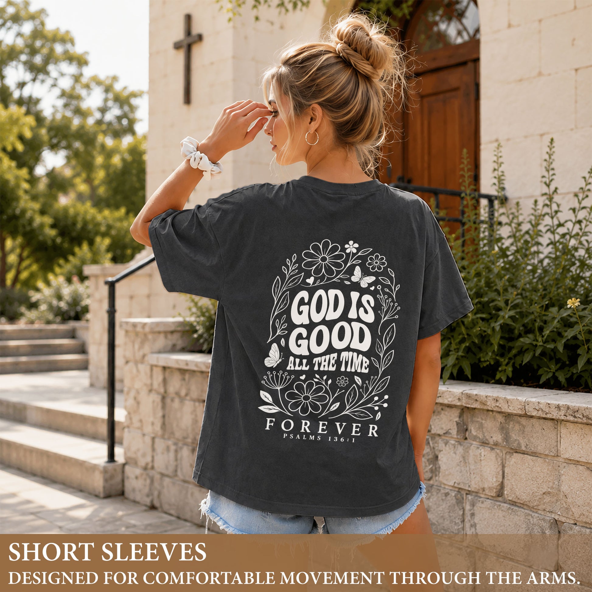 God Is Good All The Time Butterfly Floral Psalms 136 1 Christian T Shirt Apparel Women - Rust Field Wear