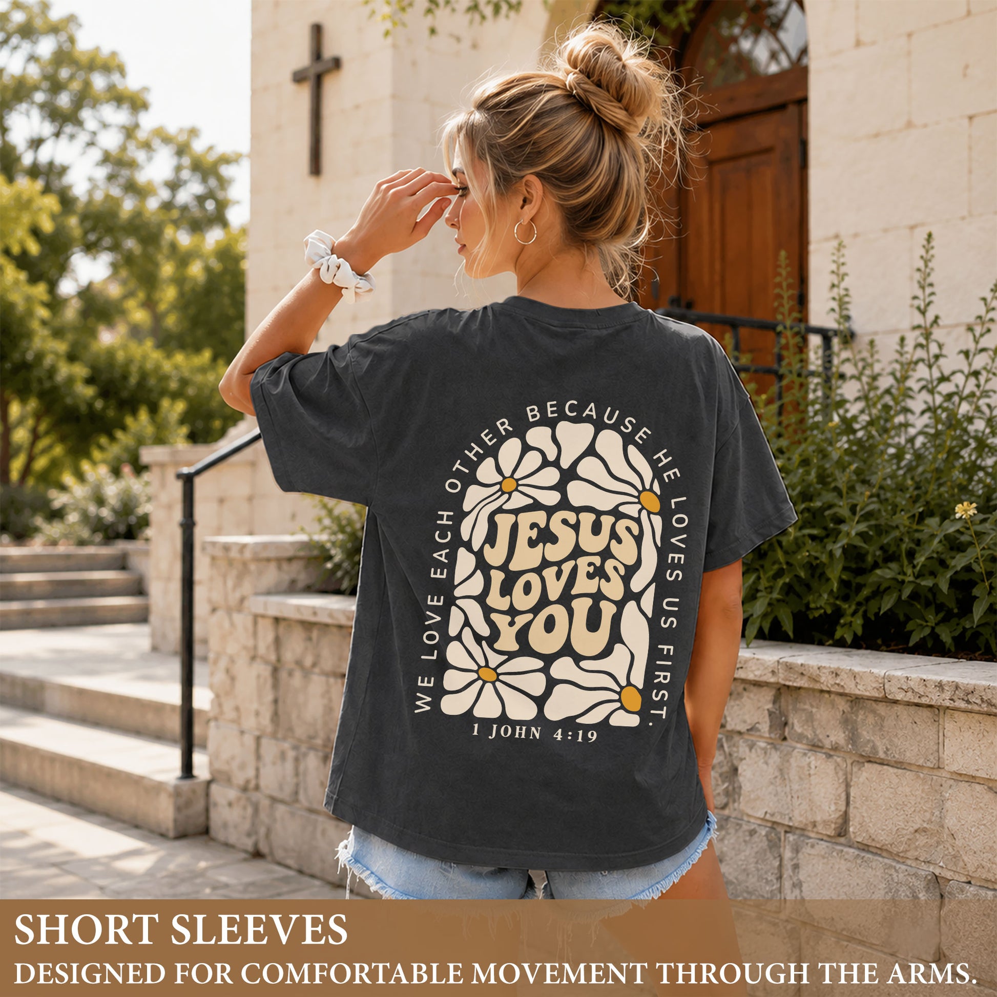 Jesus Loves You Retro Daisy Floral 1 John 4 19 Scripture Christian T Shirt Apparel Women - Rust Field Wear