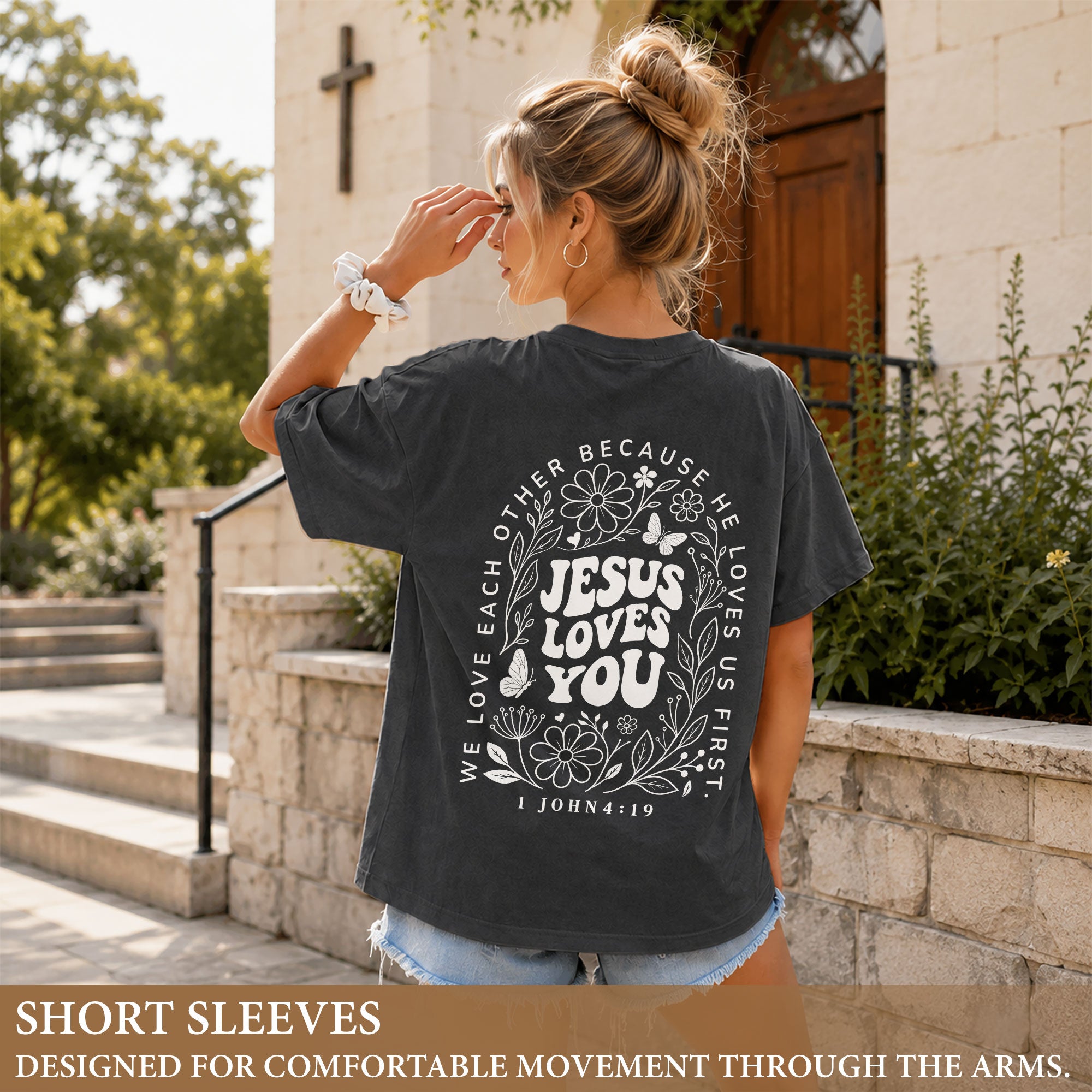 Jesus Loves You Retro Butterfly Floral 1 John 4 19 Christian T Shirt Apparel Women - Rust Field Wear