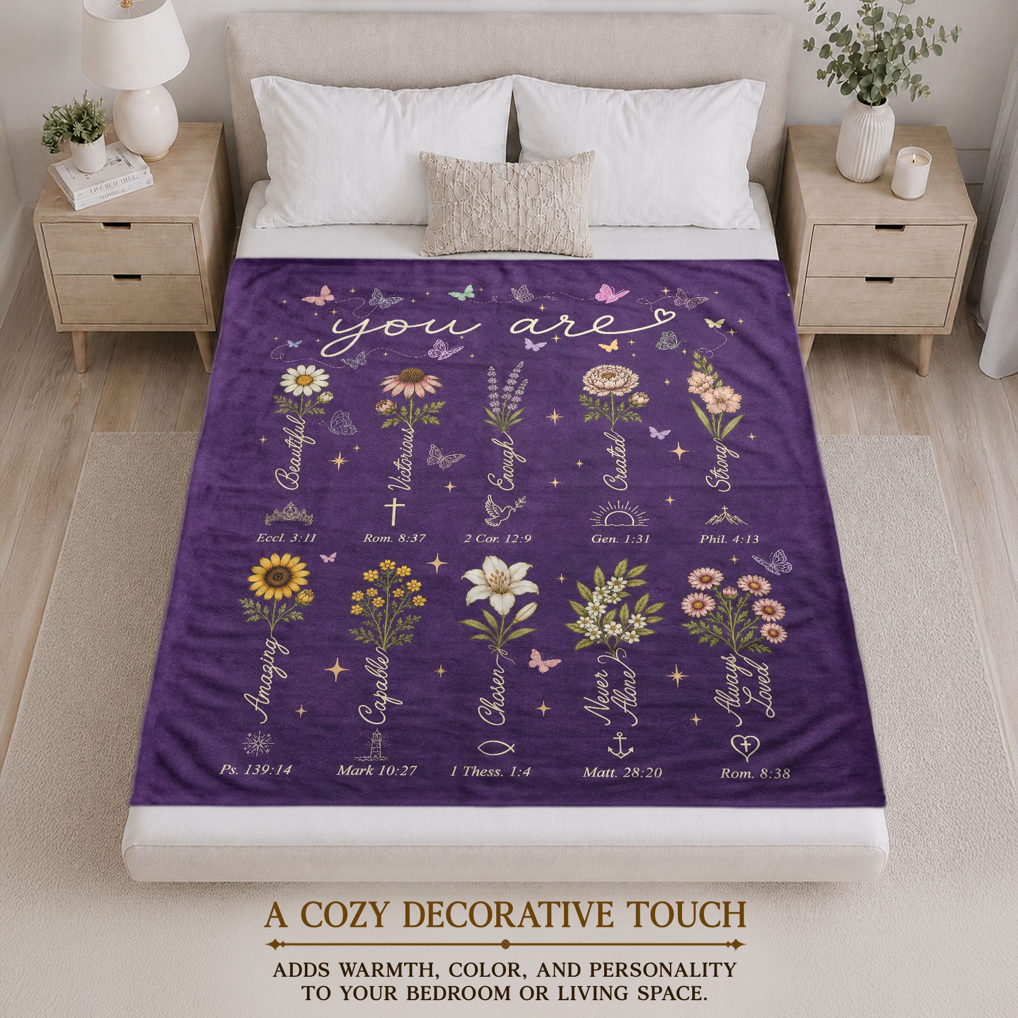 God Says You Are Blanket Purple Floral Christian Scripture Flannel Throw Blanket