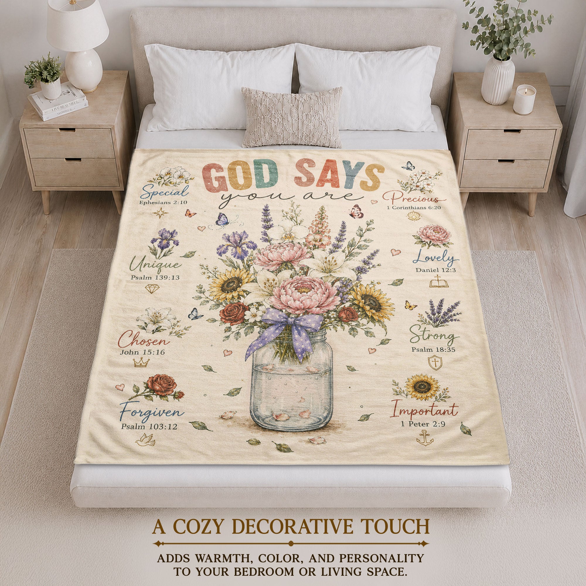 God Says You Are Blanket Inspirational Bible Verse Floral Soft Cozy Throw Blanket