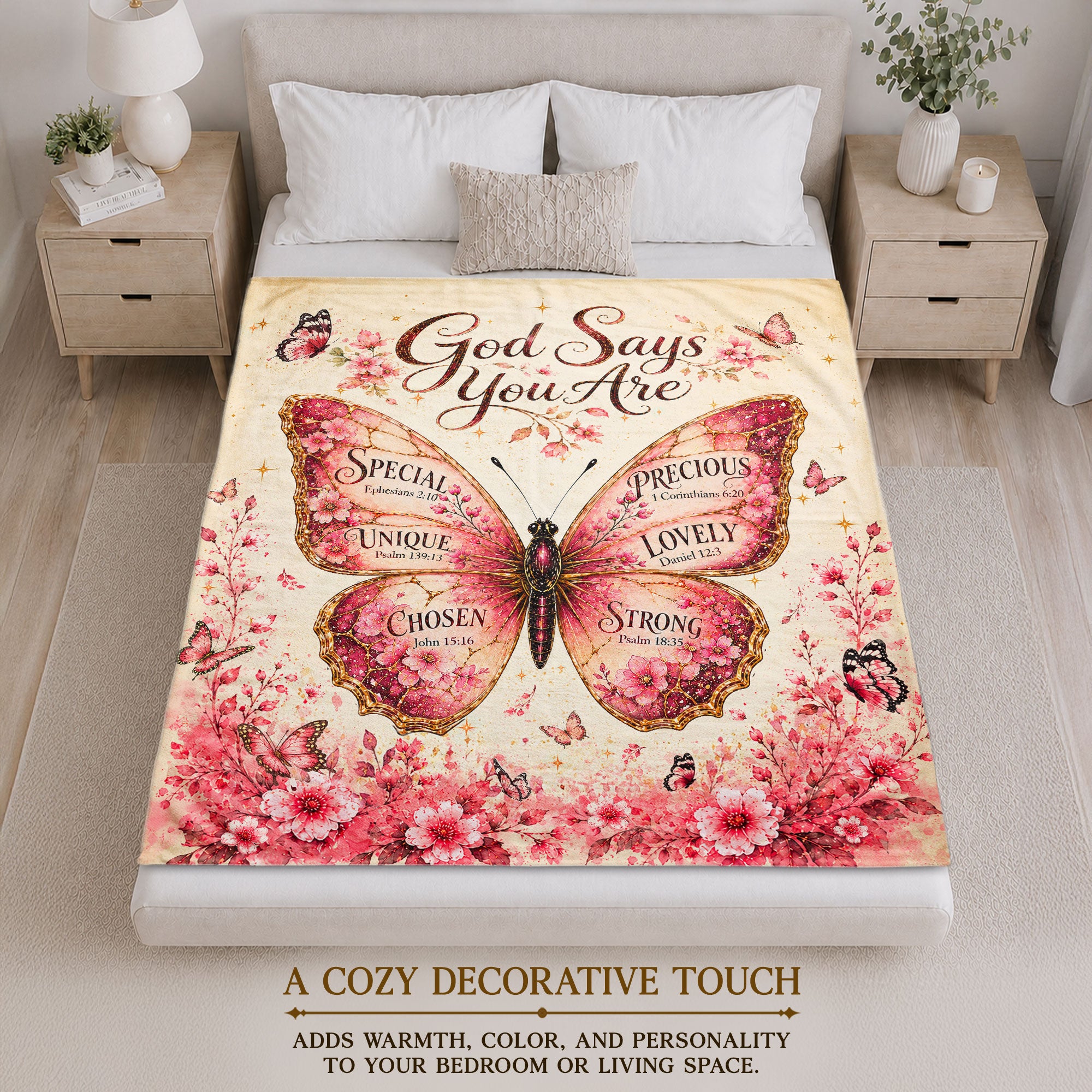 God Says You Are Pink Butterfly Blanket with Bible Verses Christian Floral Faith
