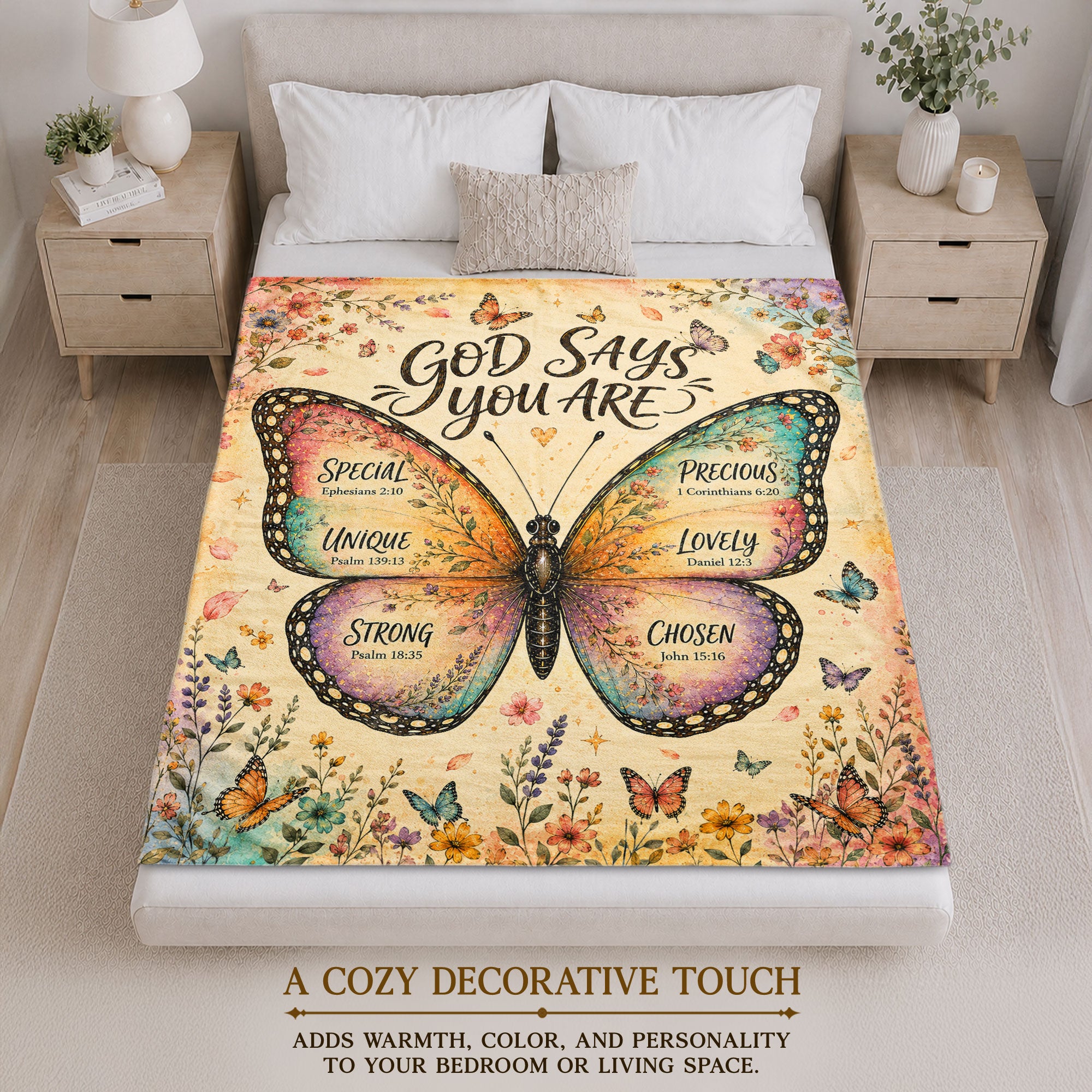 God Says You Are Butterfly Blanket with Bible Verses Christian Floral Inspiration