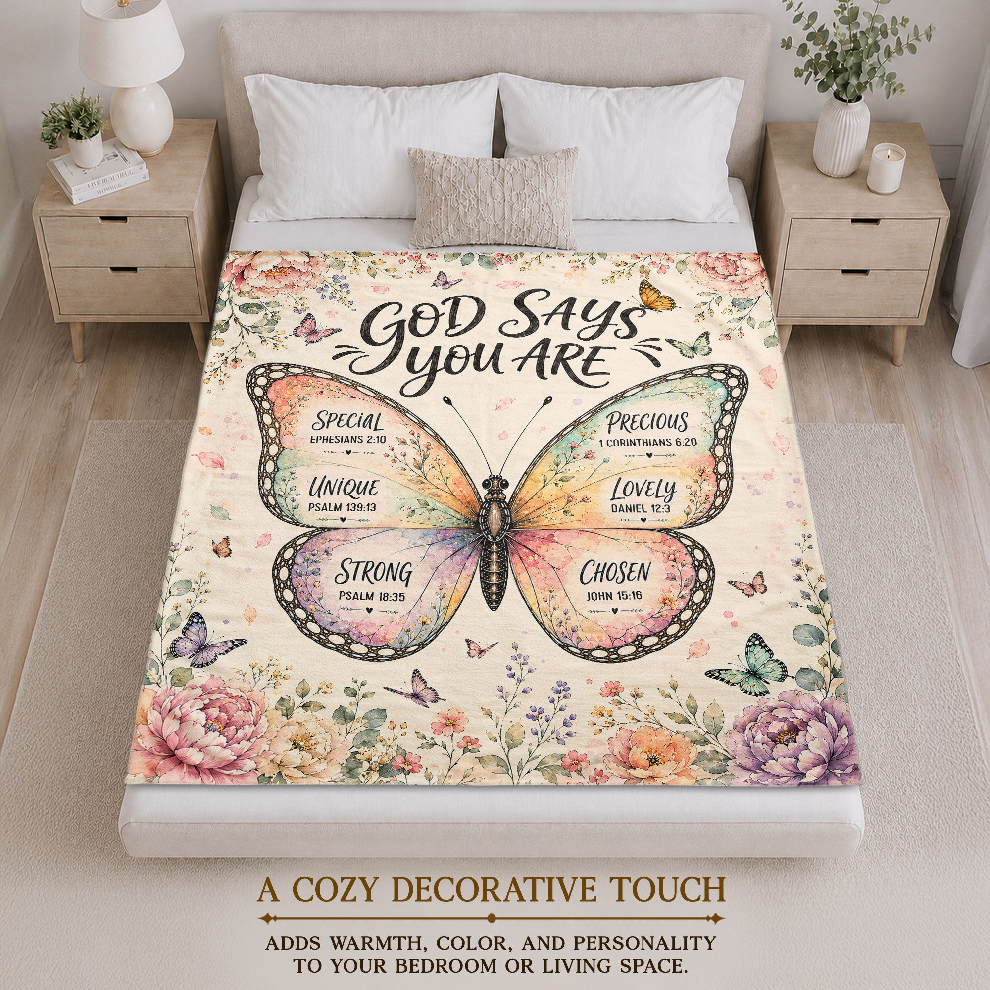 God Says You Are Butterfly Blanket with Bible Verses Christian Floral Faith Inspiration