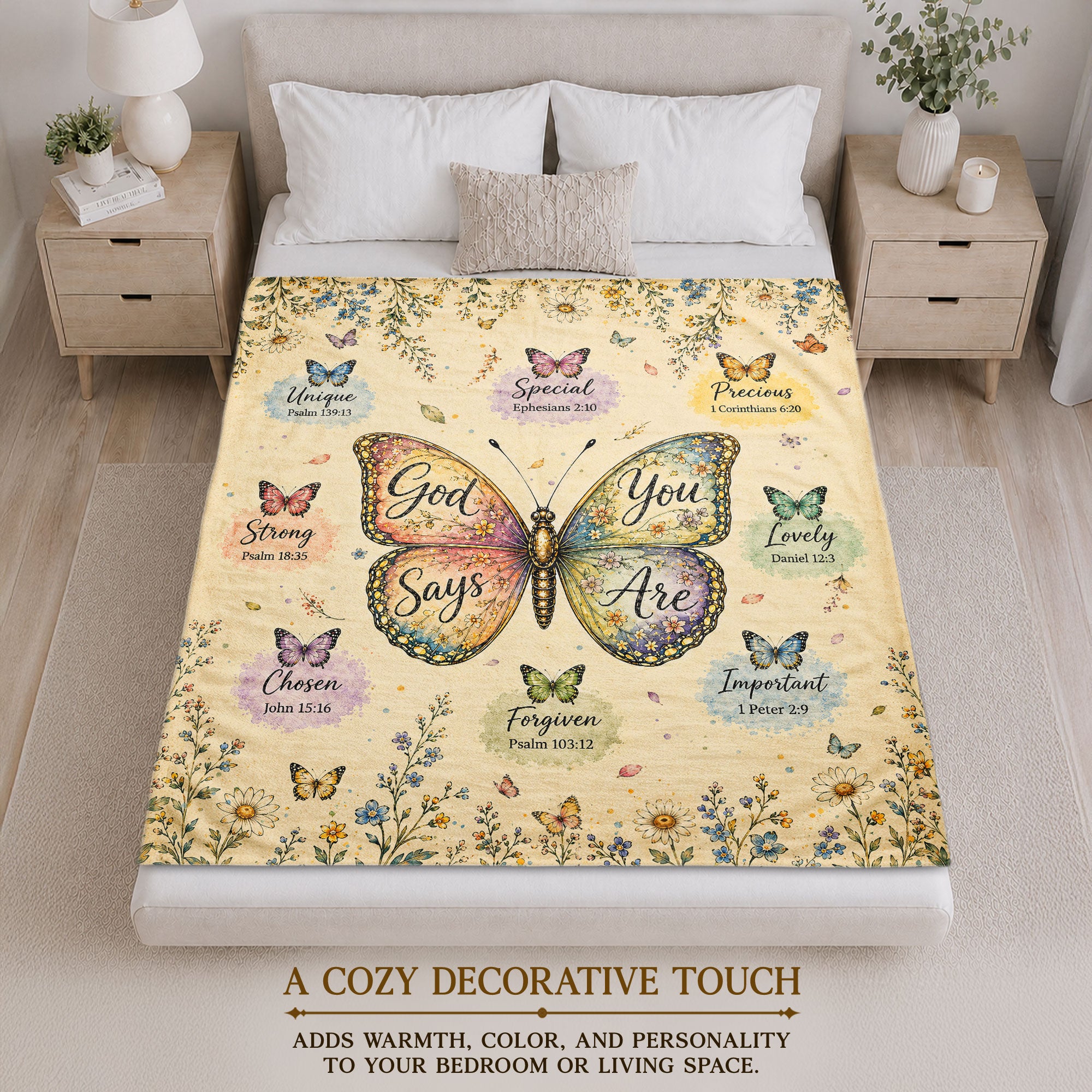 God Says You Are Butterfly Blanket with Bible Verses and Christian Floral Artwork