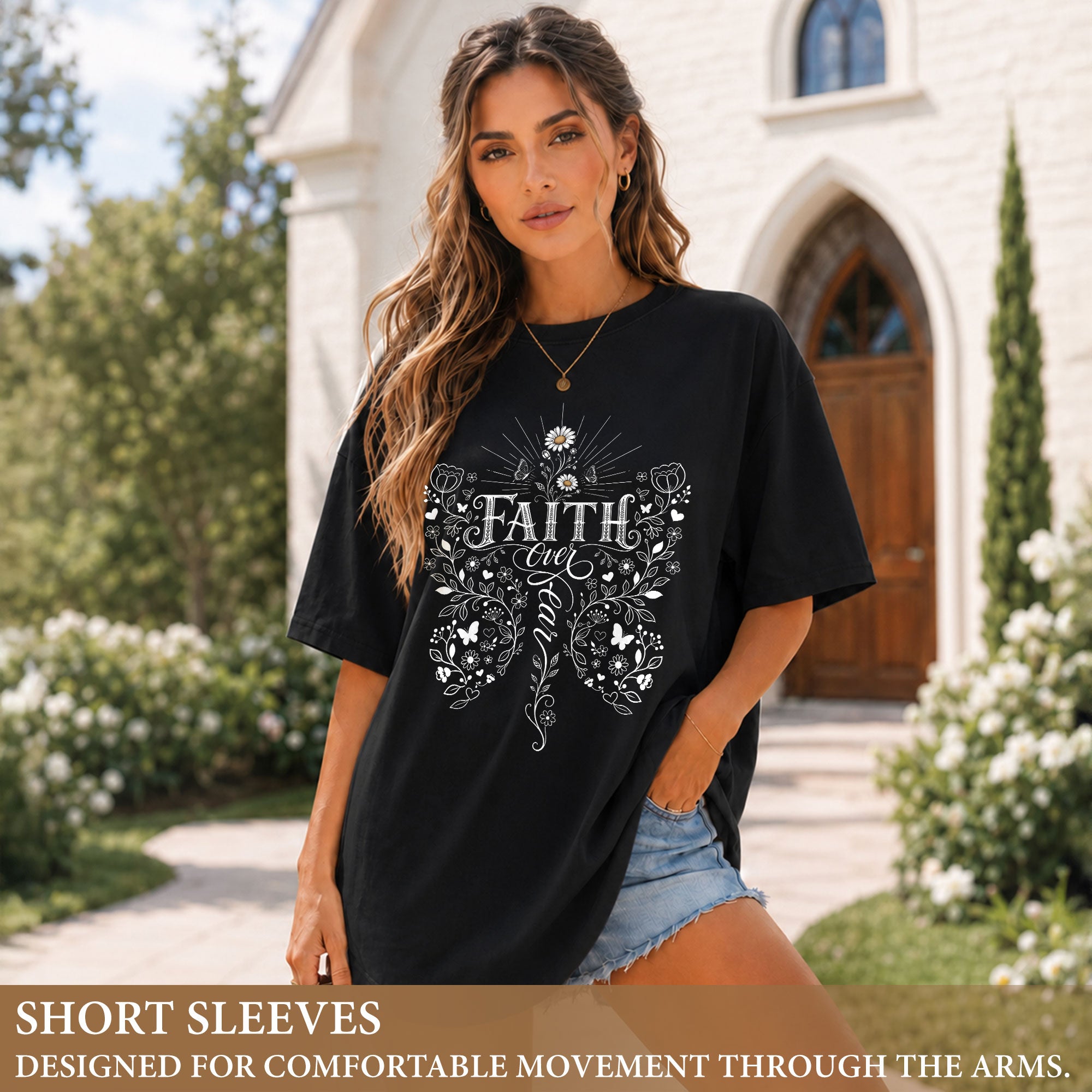 Faith Over Fear Butterfly Floral Christian Graphic Casual Crewneck Tee Shirt Women