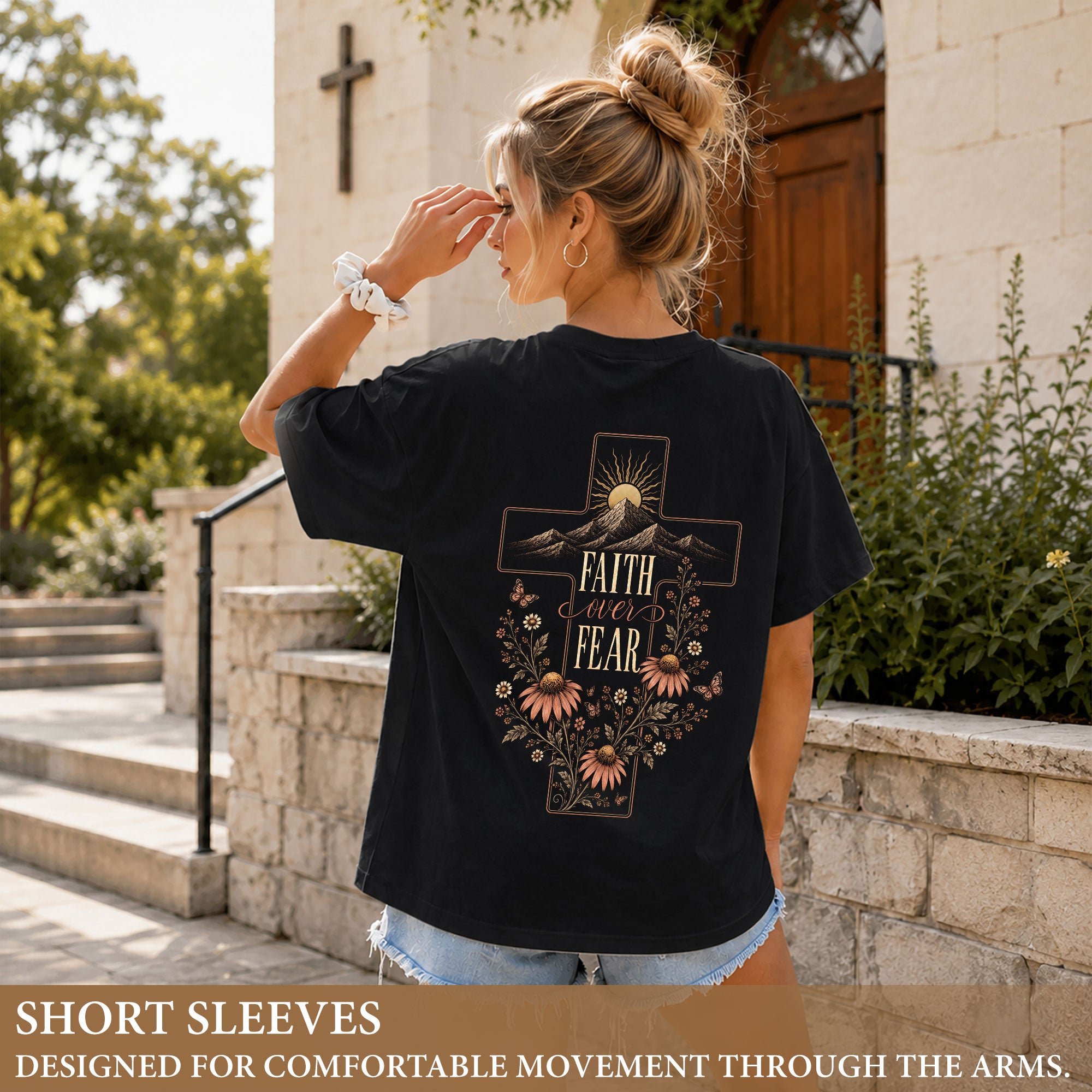 Faith Over Fear Mountain Cross Floral Christian Graphic Casual Crewneck Tee Women