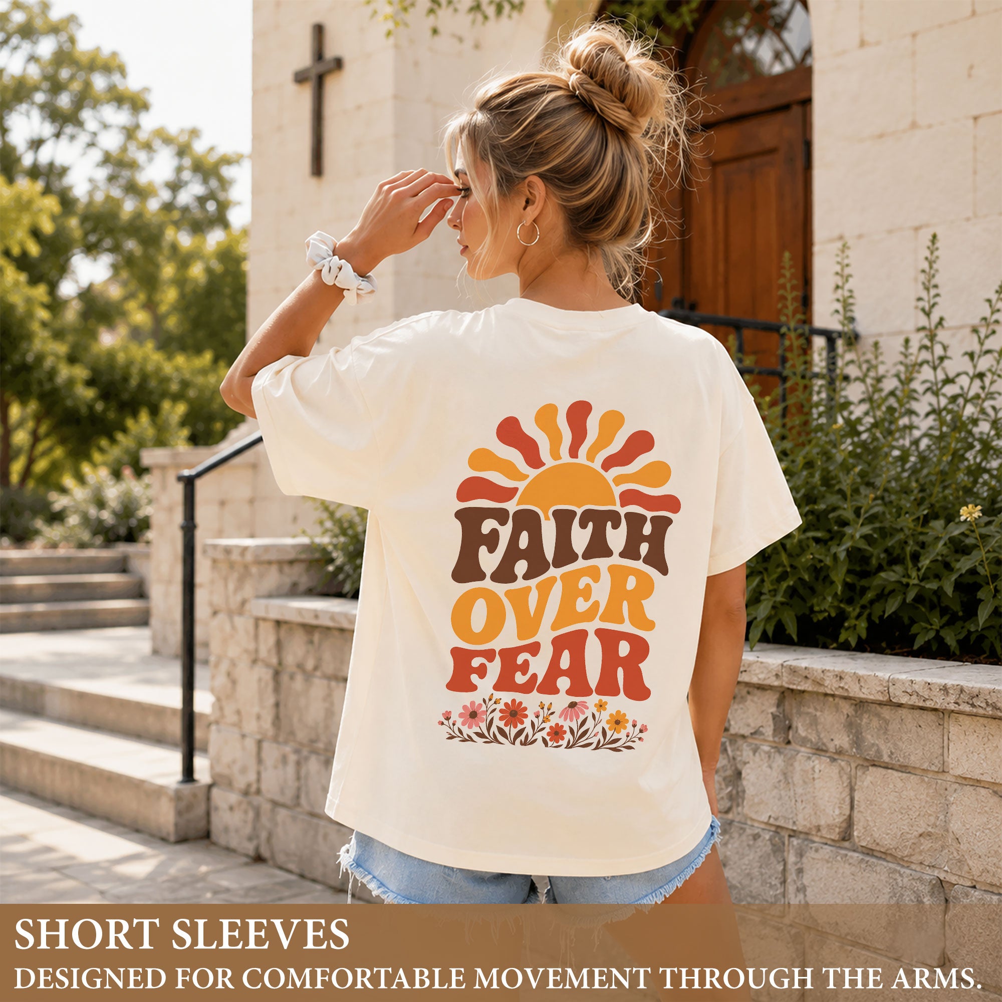 Faith Over Fear Retro Sun Floral Christian Graphic Casual Crewneck Tee Shirt Women