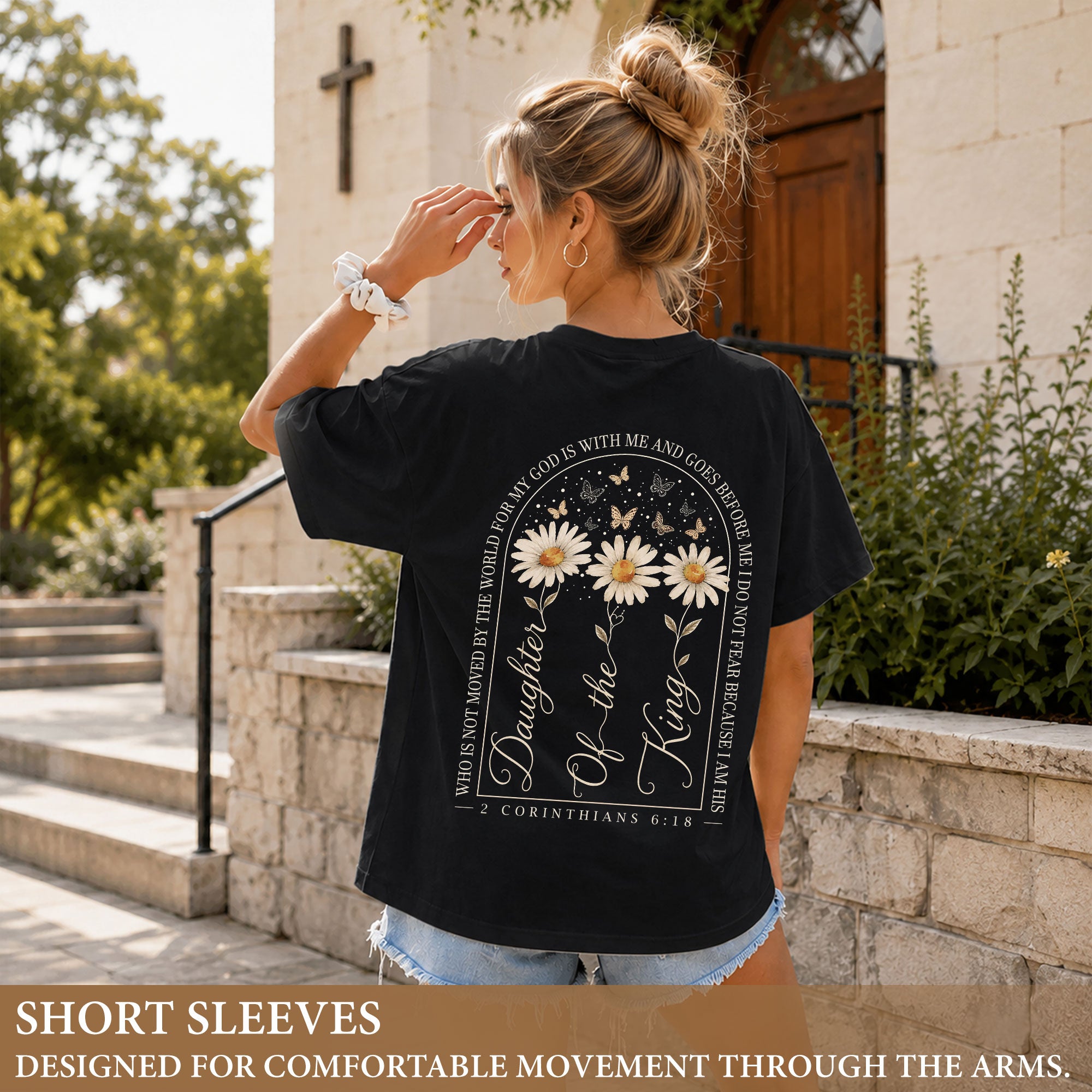 Daughter Of The King Daisy Butterfly Christian Graphic Everyday Tee Shirt For Women