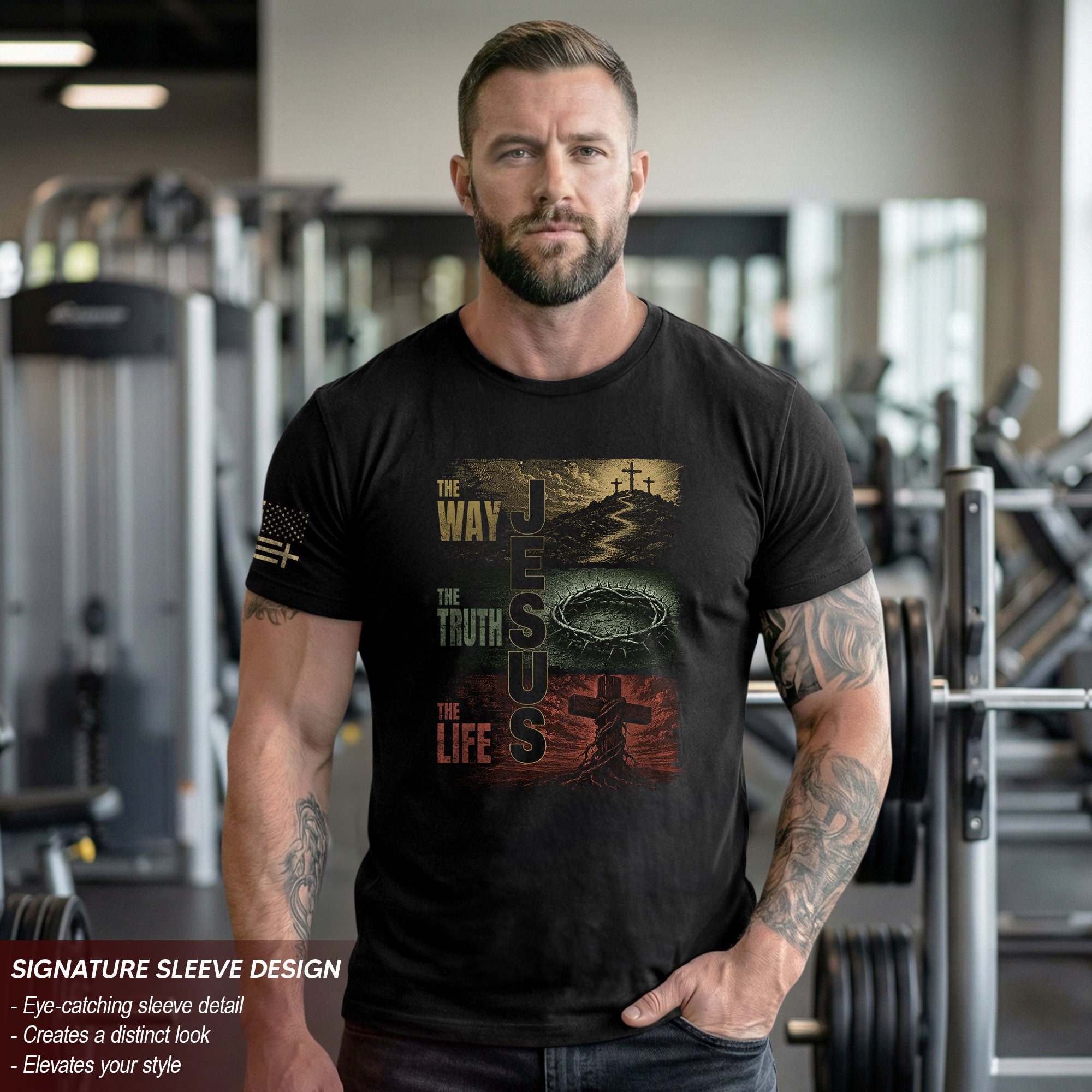 Jesus The Way The Truth The Life Calvary Cross Christian Graphic Crewneck Tee Men