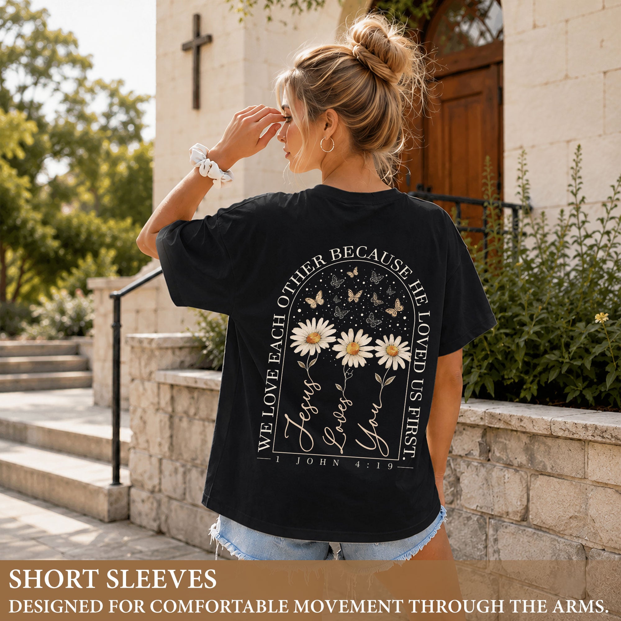 Jesus Loves You Daisy Butterfly Floral Christian Graphic Casual Basic Tee Shirt Women