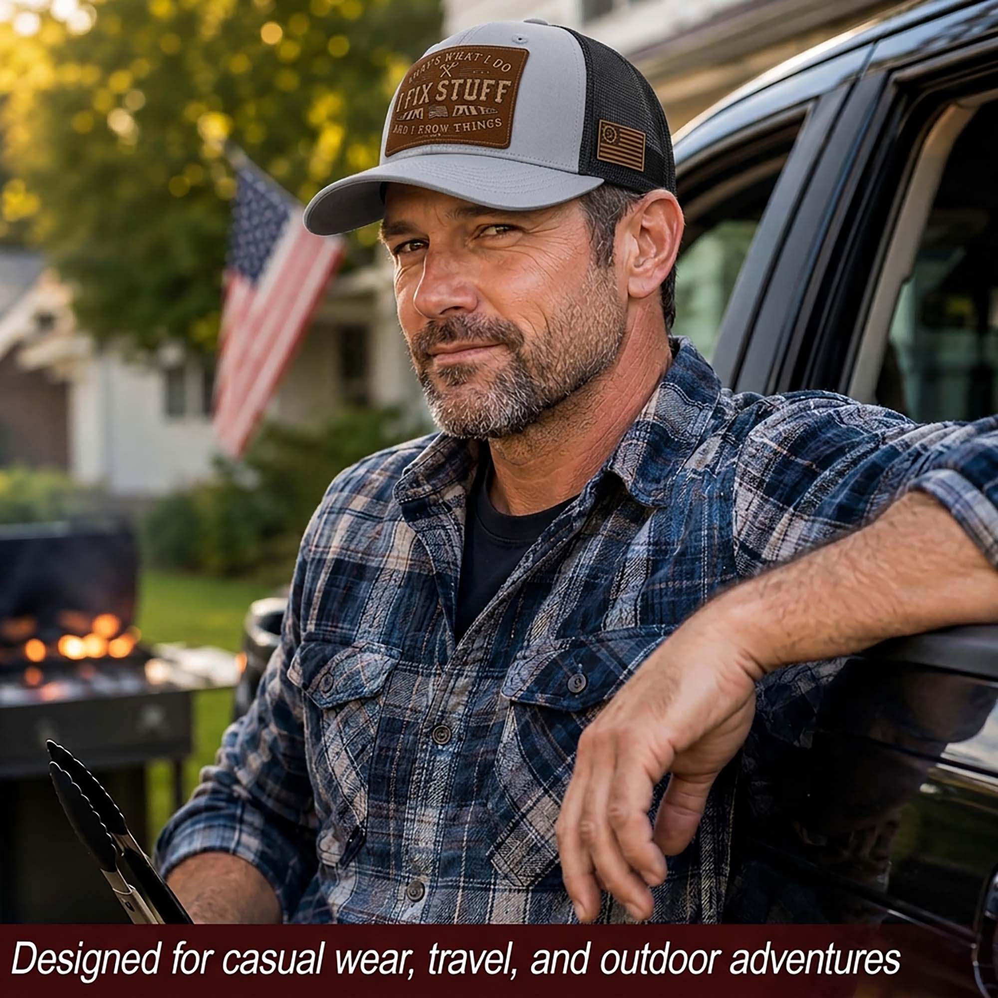 That's What I Do I Fix Stuff Leather Patch Gray Trucker Hat Cool Handyman Gift Idea
