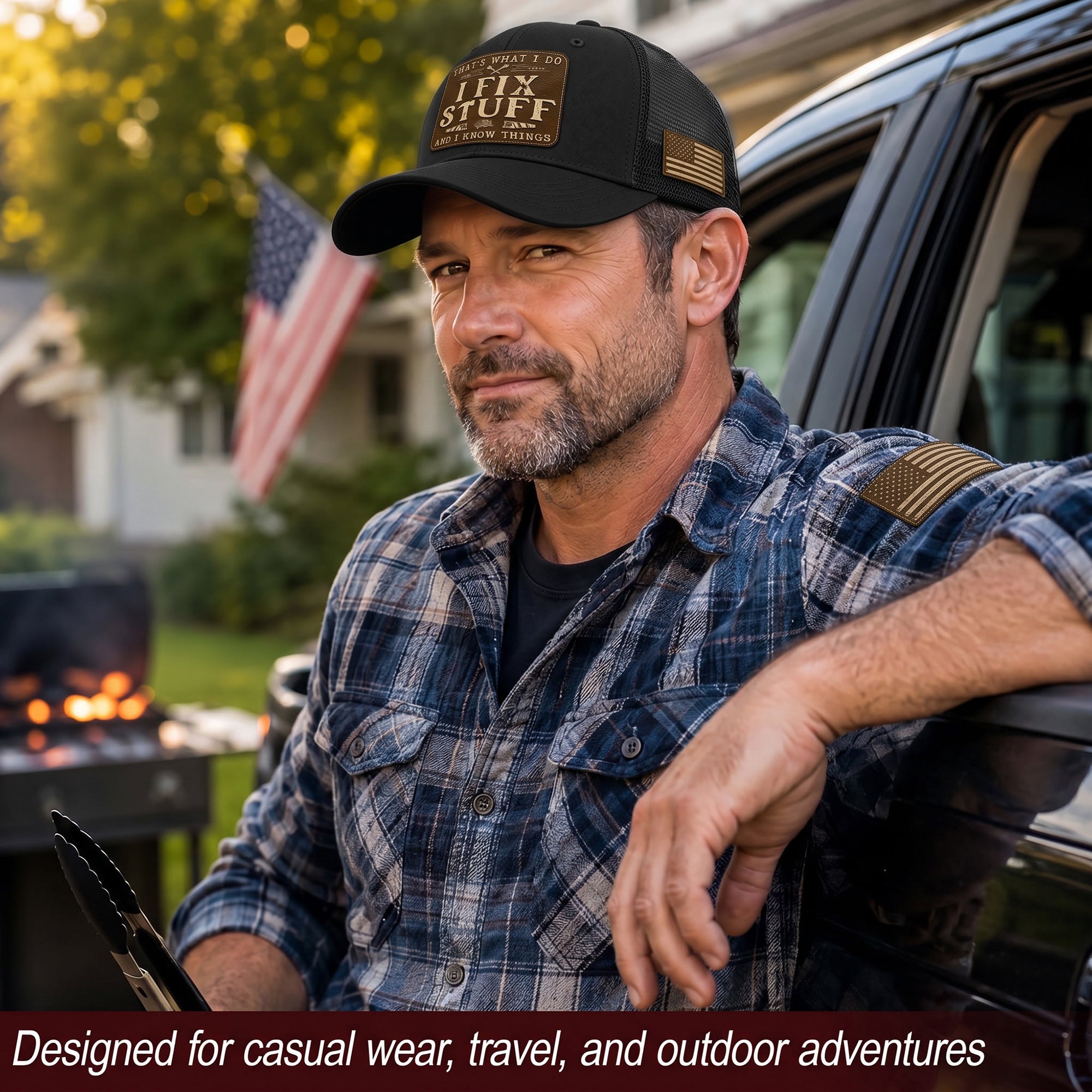 Black I Fix Stuff And I Know Things Saw Laser Engraved Leather Patch Trucker Hat - Rust Field Wear