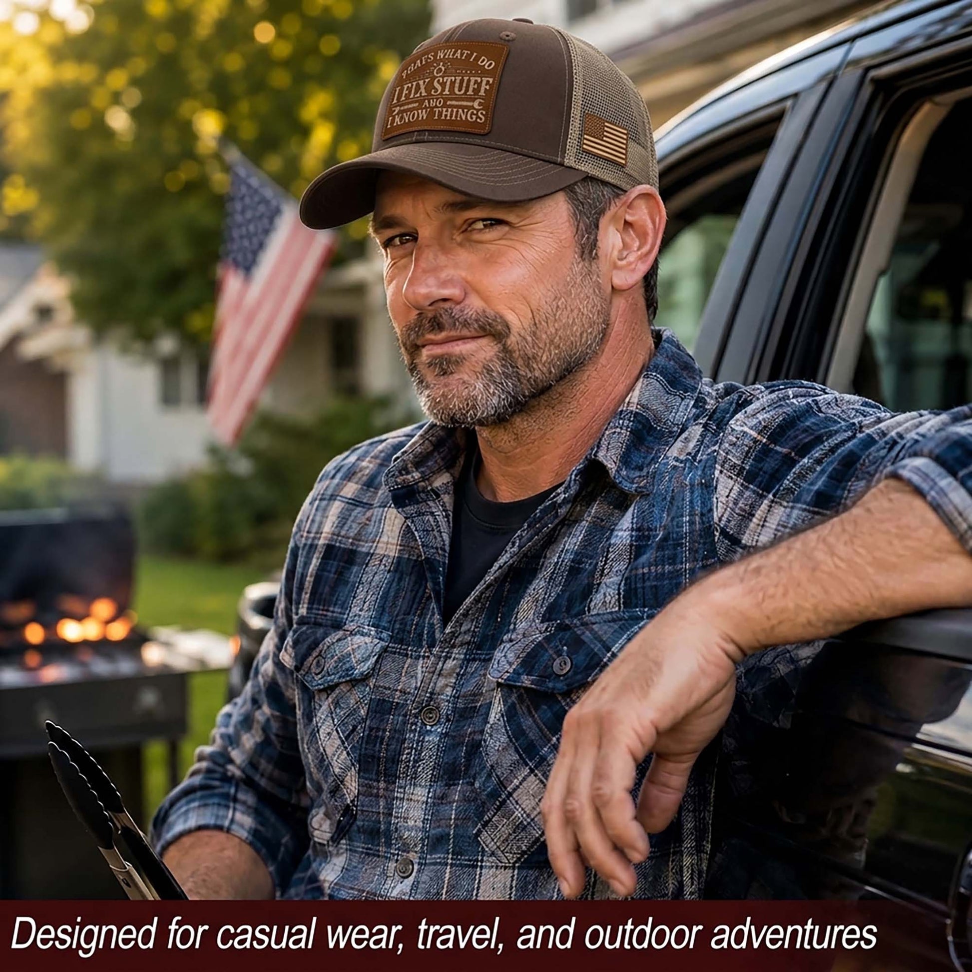 I Fix Stuff And I Know Things Laser Engraved Leather Patch Trucker Hat Mechanic Cap - Rust Field Wear