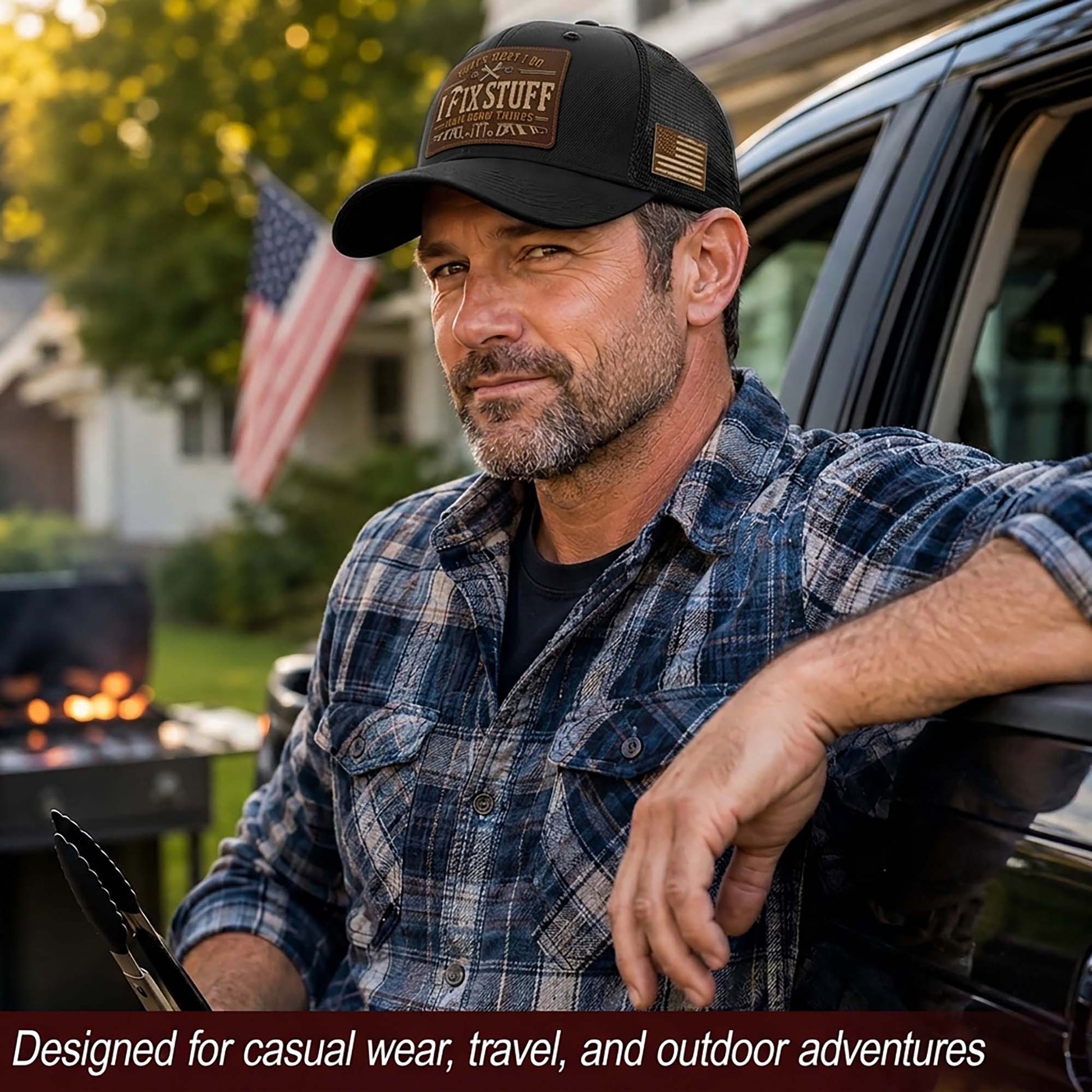 Black I Fix Stuff And I Know Things Laser Engraved Leather Patch Trucker Hat Cap - Rust Field Wear