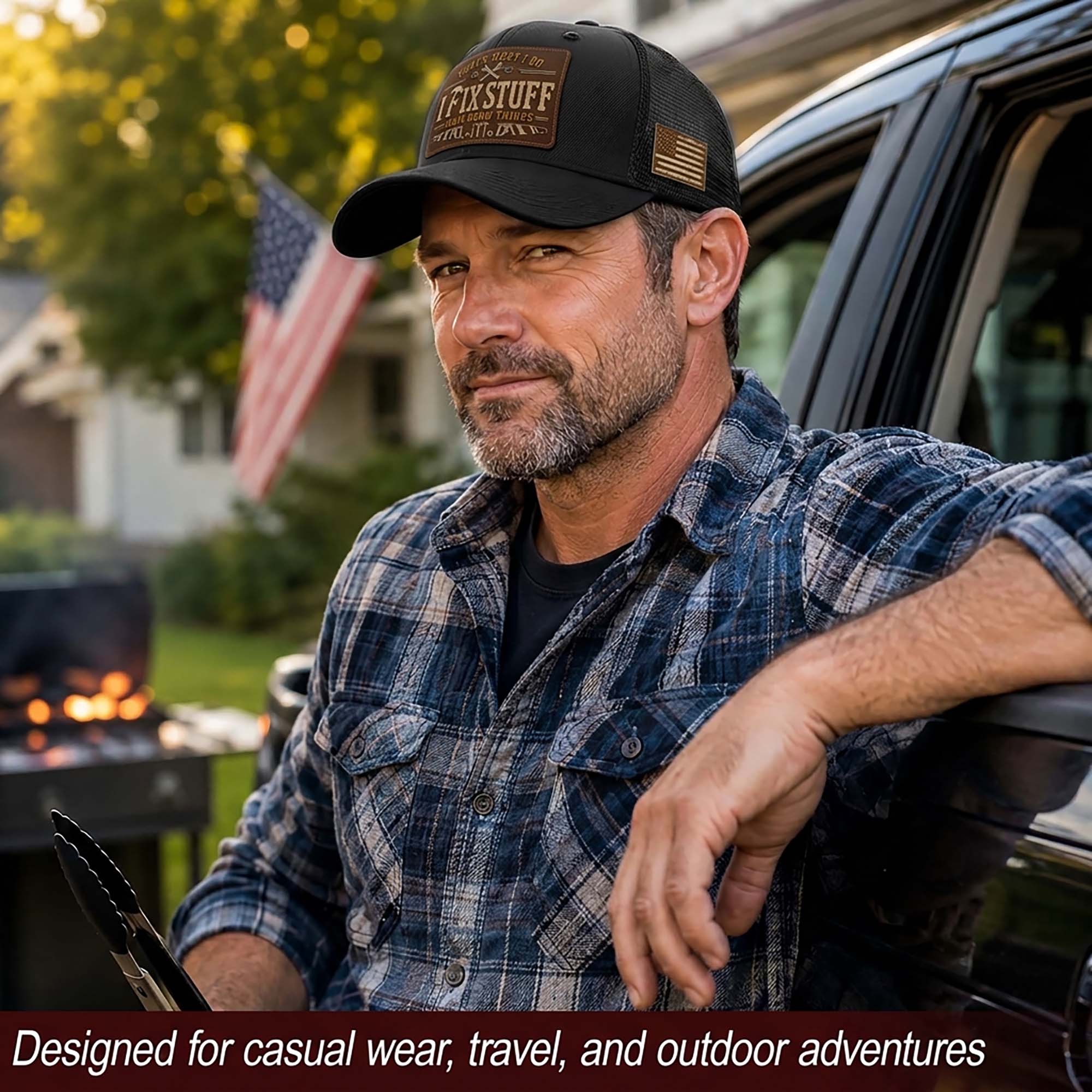 Black I Fix Stuff And I Know Things Laser Engraved Leather Patch Trucker Hat Cap - Rust Field Wear
