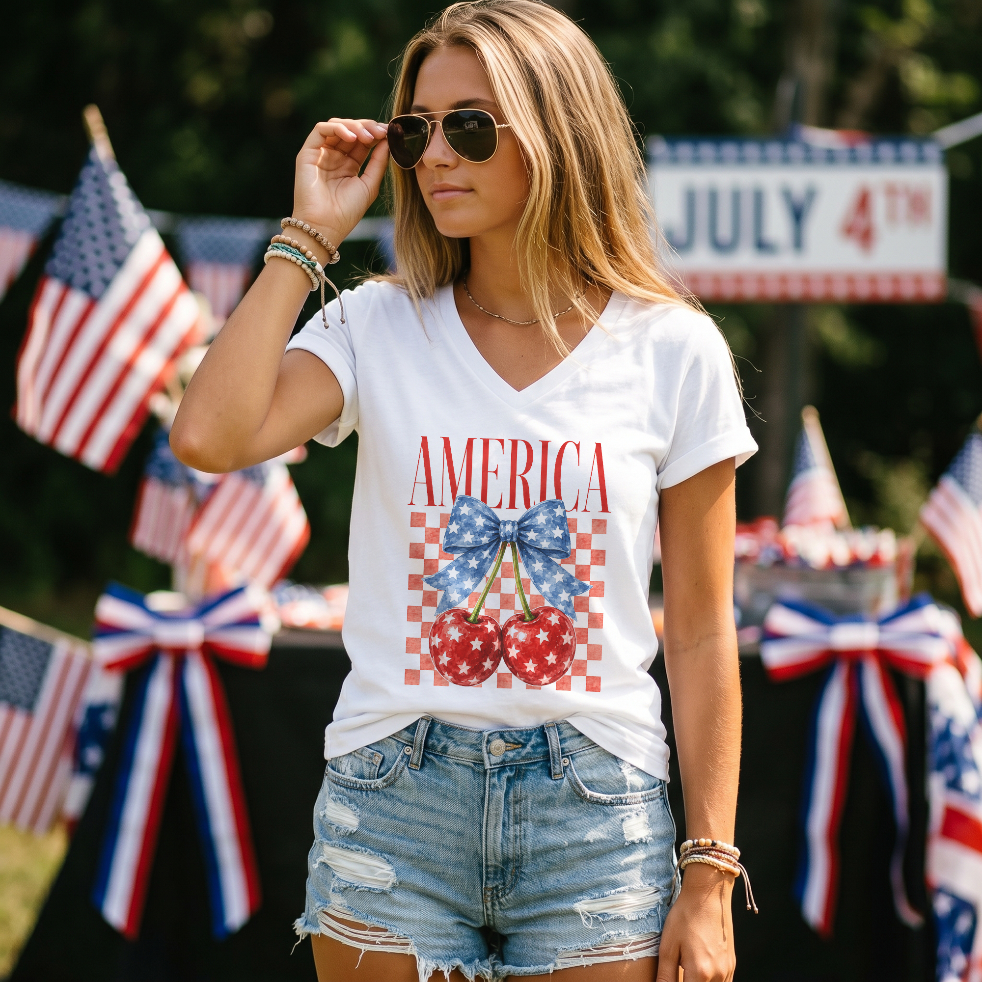 Women's V-Neck Patriotic Cherry Graphic T-Shirt - Cute American Flag Style Summer Top