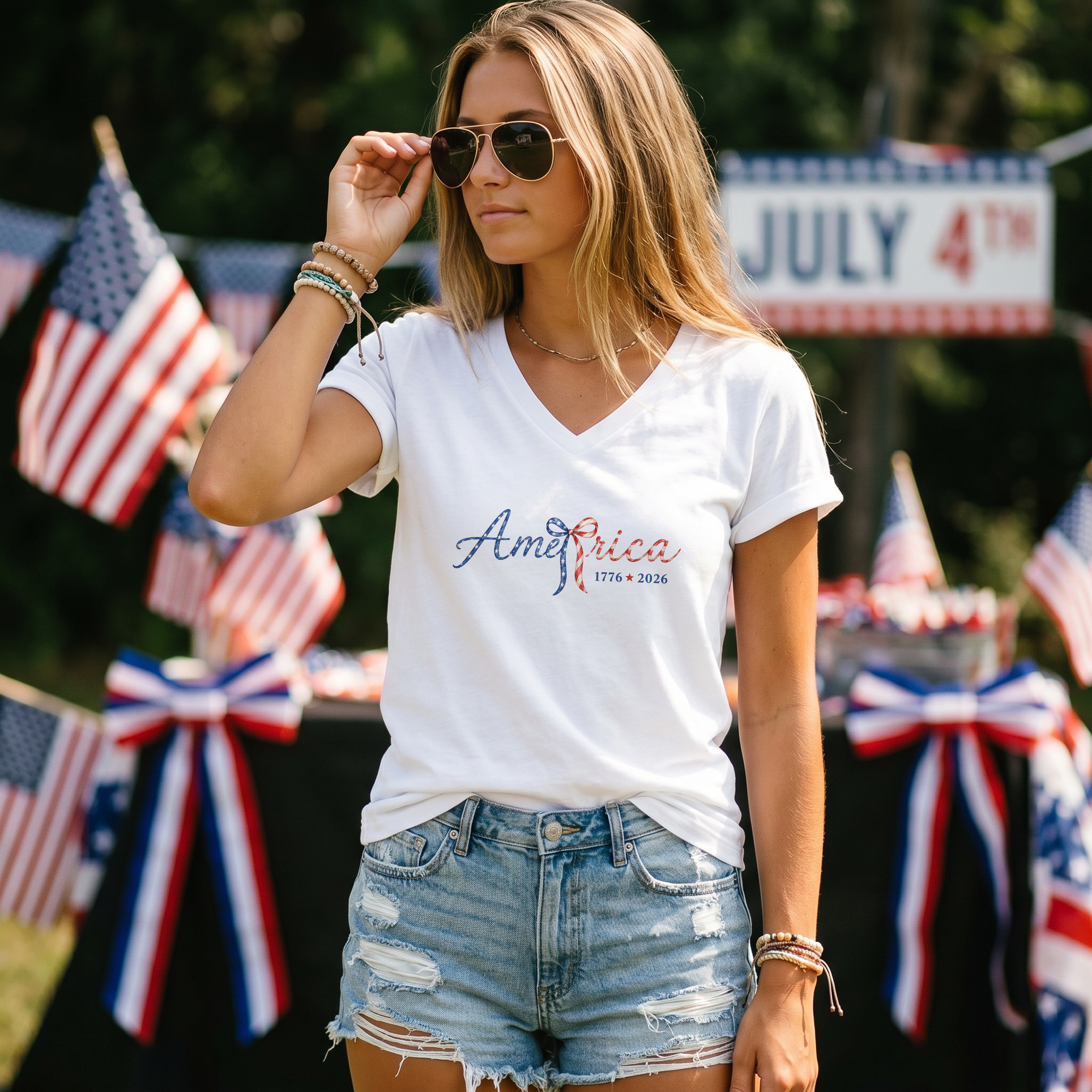 Stylish America 1776-2026 V-Neck T-Shirt - Cute Patriotic Women's Short Sleeve Top
