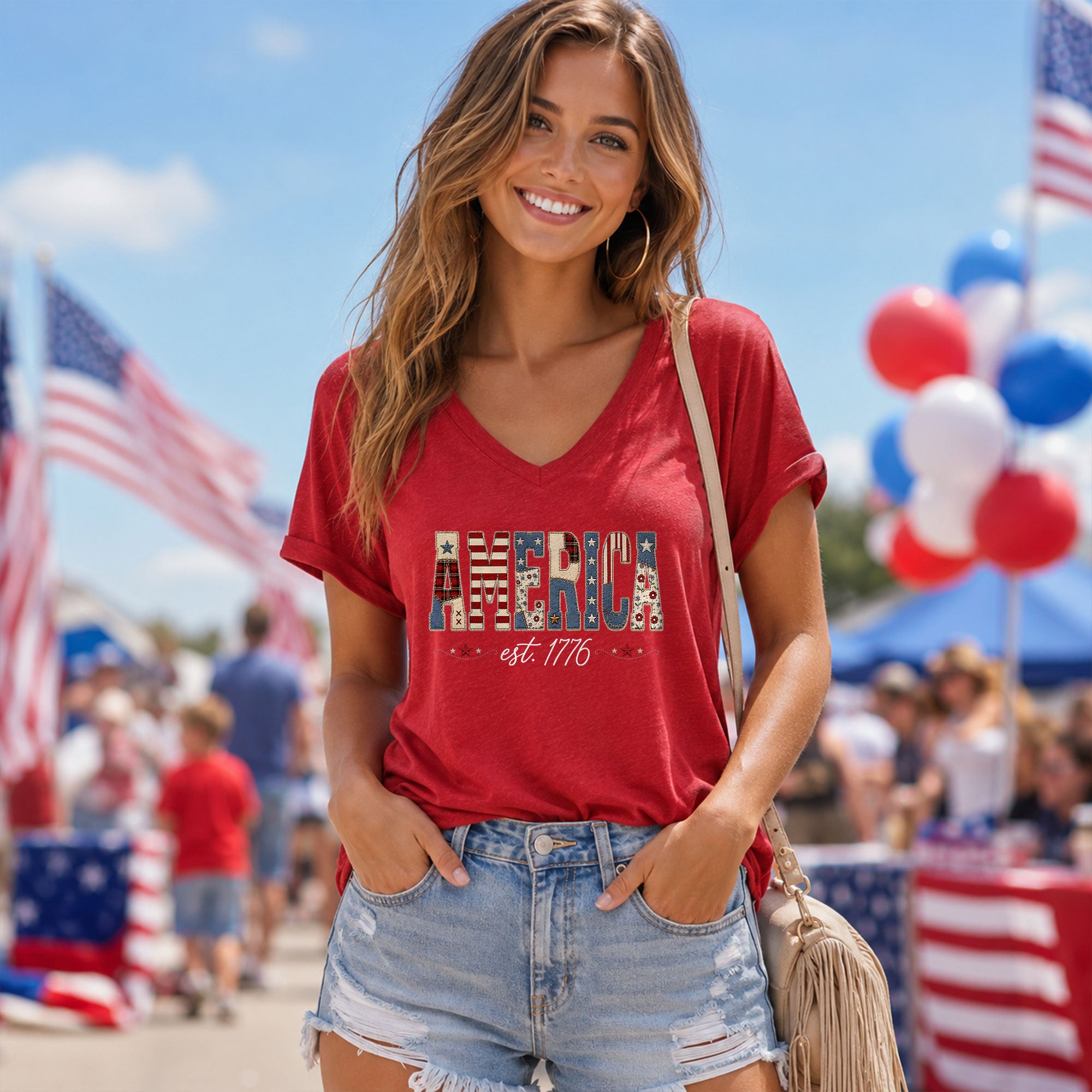 Patriotic America Est. 1776 V-Neck Tee - Women's Custom Graphic Summer Top
