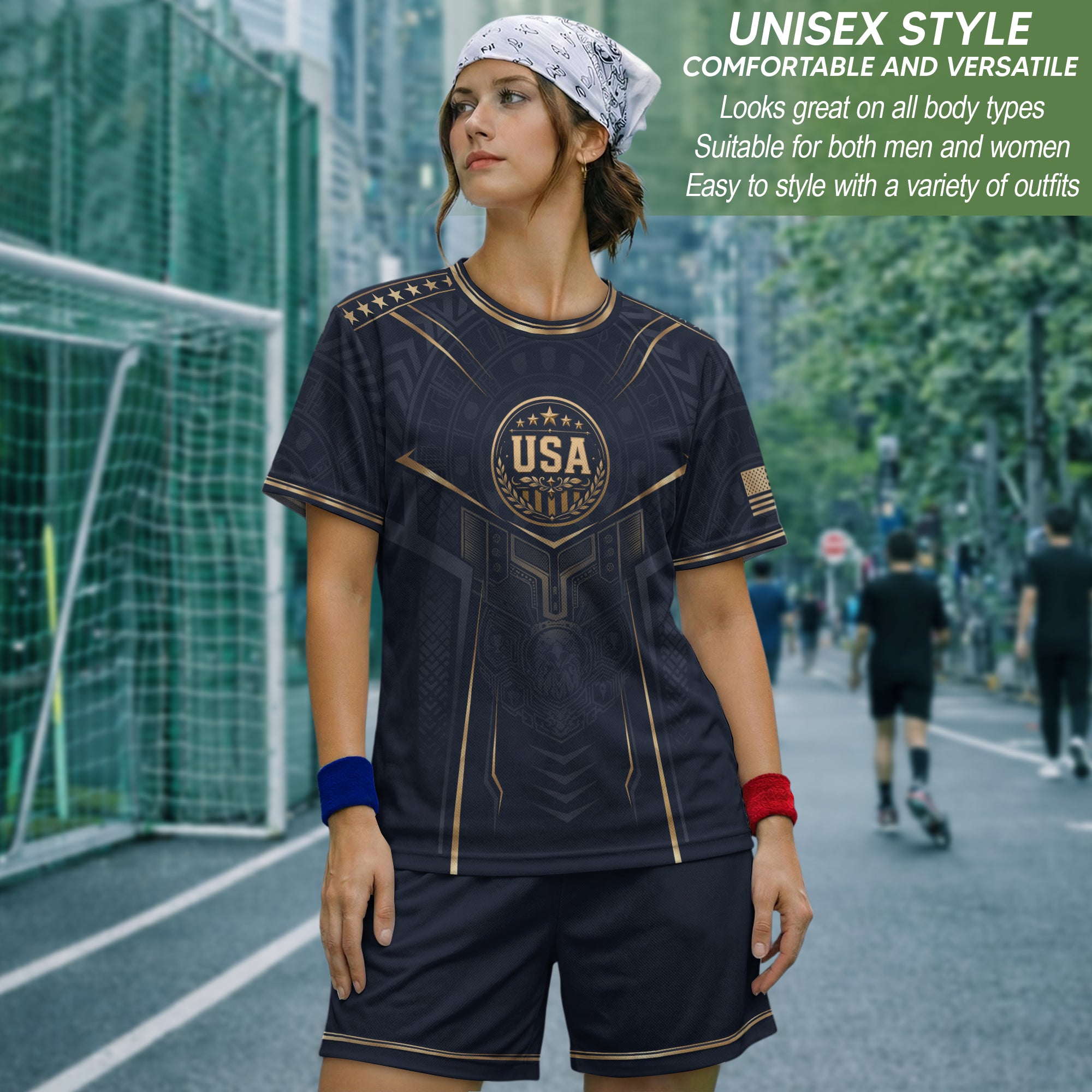 USA Soccer Jersey Navy Gold Eagle Shield Graphic Sports Tee for Soccer Fans