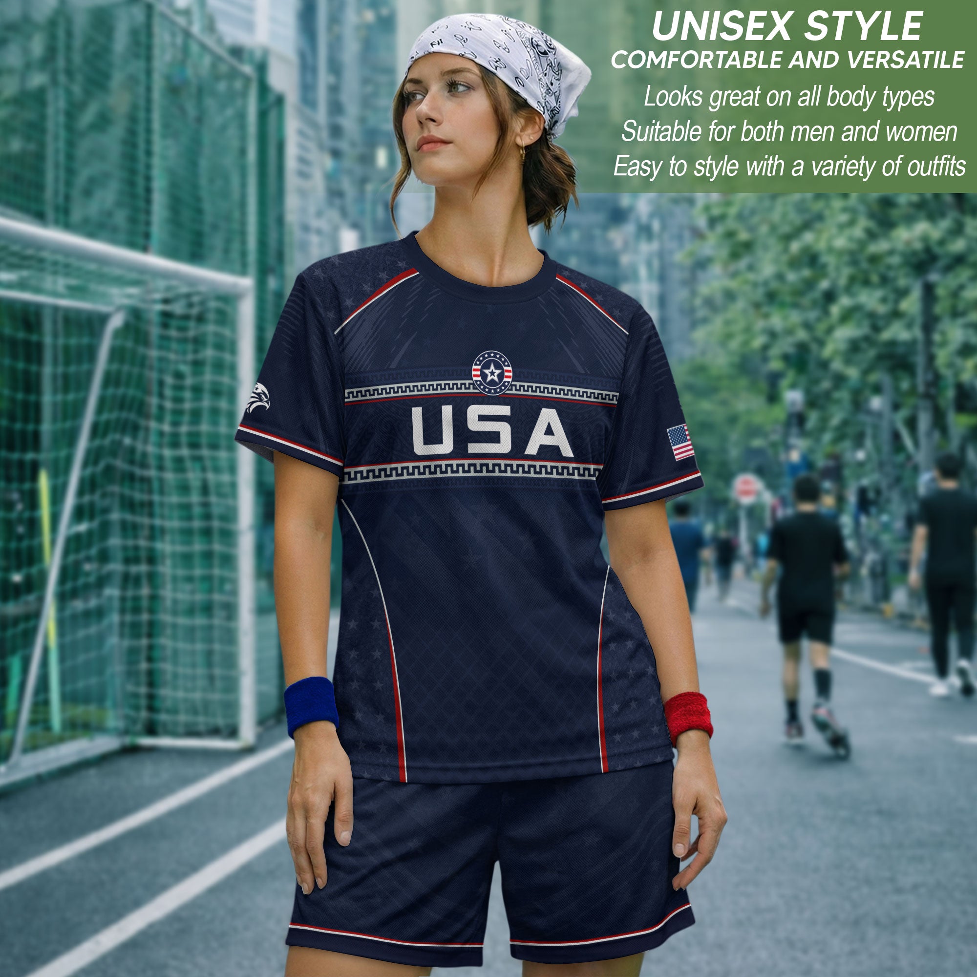 USA Soccer Jersey Navy Patriotic Eagle Graphic Athletic T-Shirt for Soccer Fans