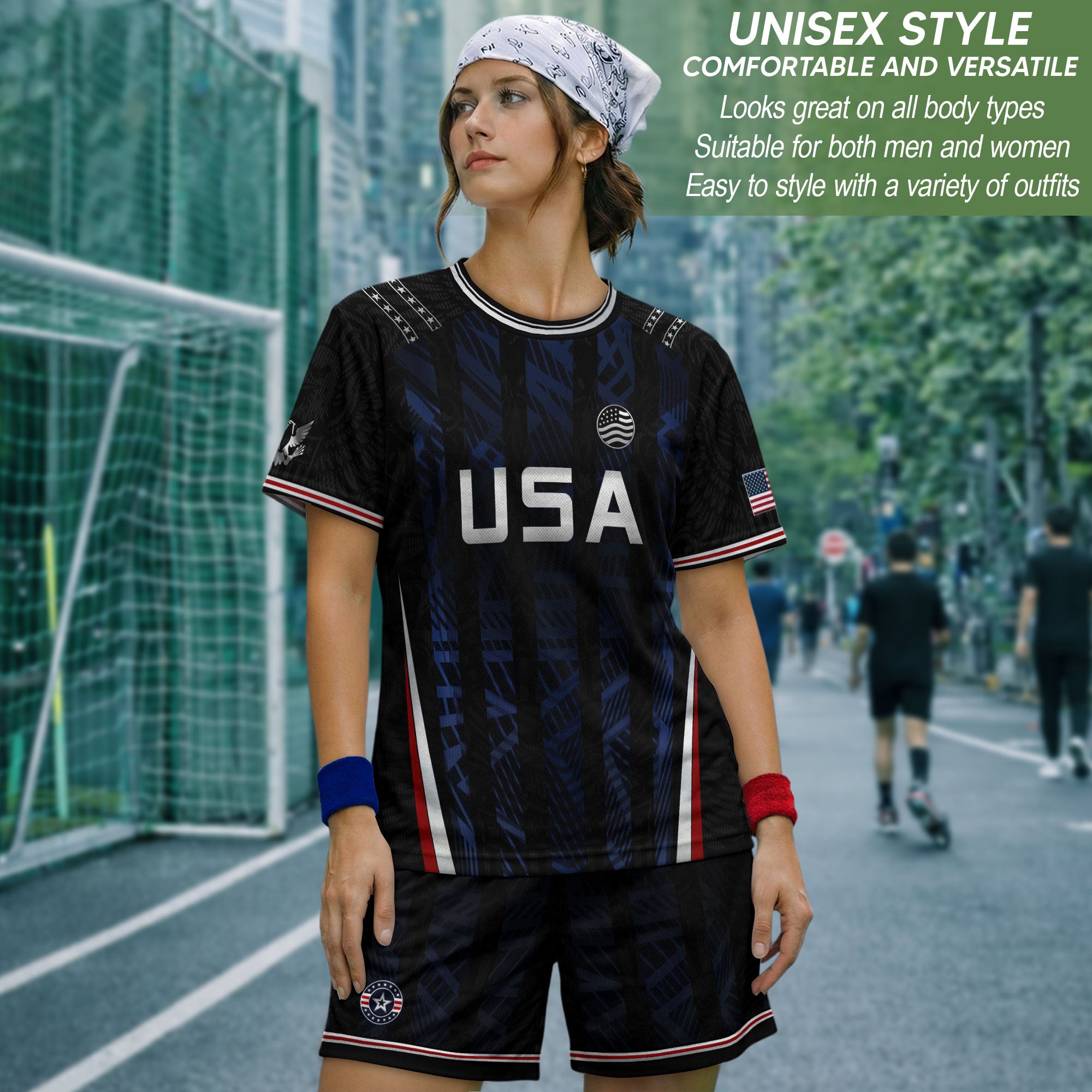 USA Soccer Jersey Black Blue Eagle Crest Athletic Shirt for Men Women Fans