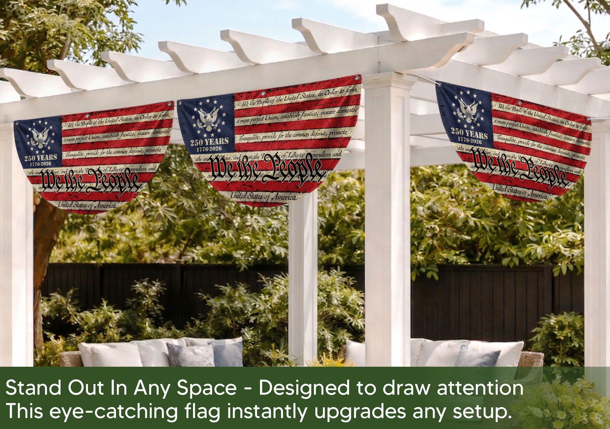250th Anniversary USA Flag Fence Banner - Patriotic We The People Design for 2026 Celebration