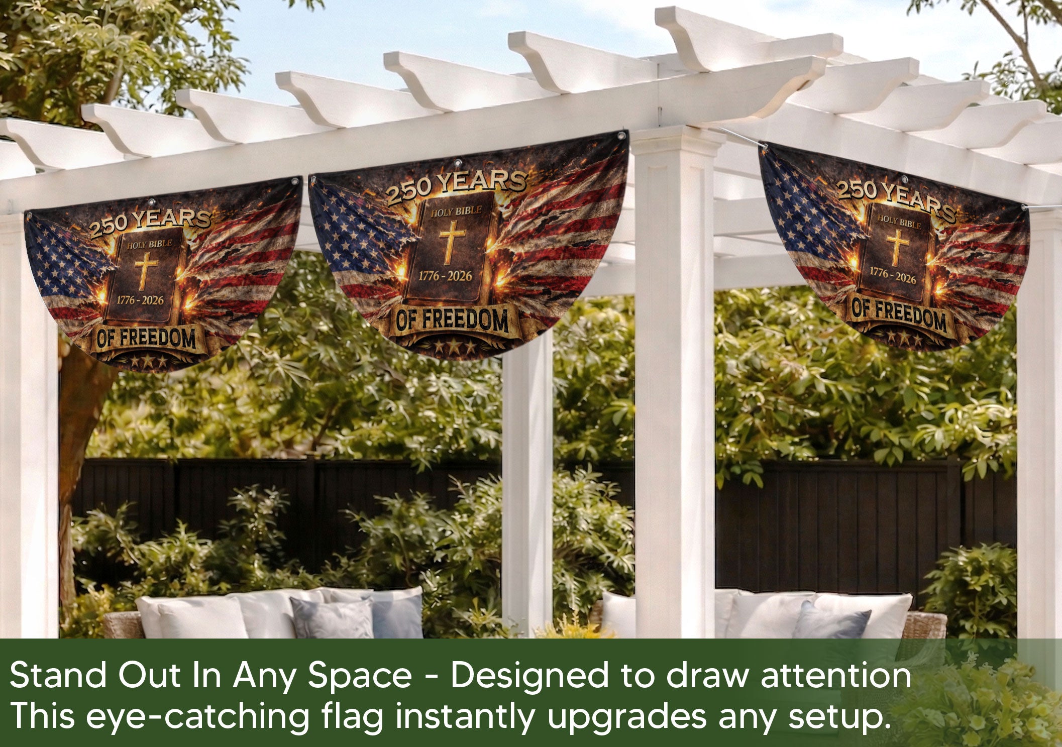 Fence Flag USA 250th Anniversary 1776–2026 Christian Cross Bible Patriotic Banner 250 Year American Freedom Flag