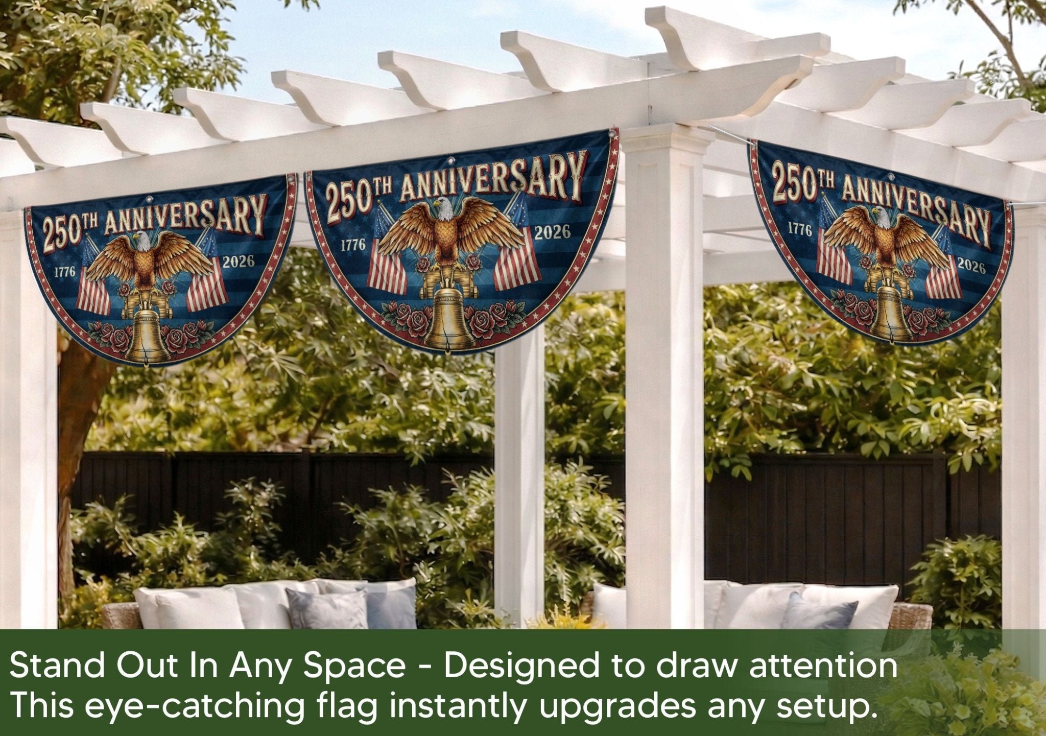 250th Anniversary USA Fence Flag - Patriotic Eagle & Liberty Bell Decoration for 2026 - Rust Field Wear